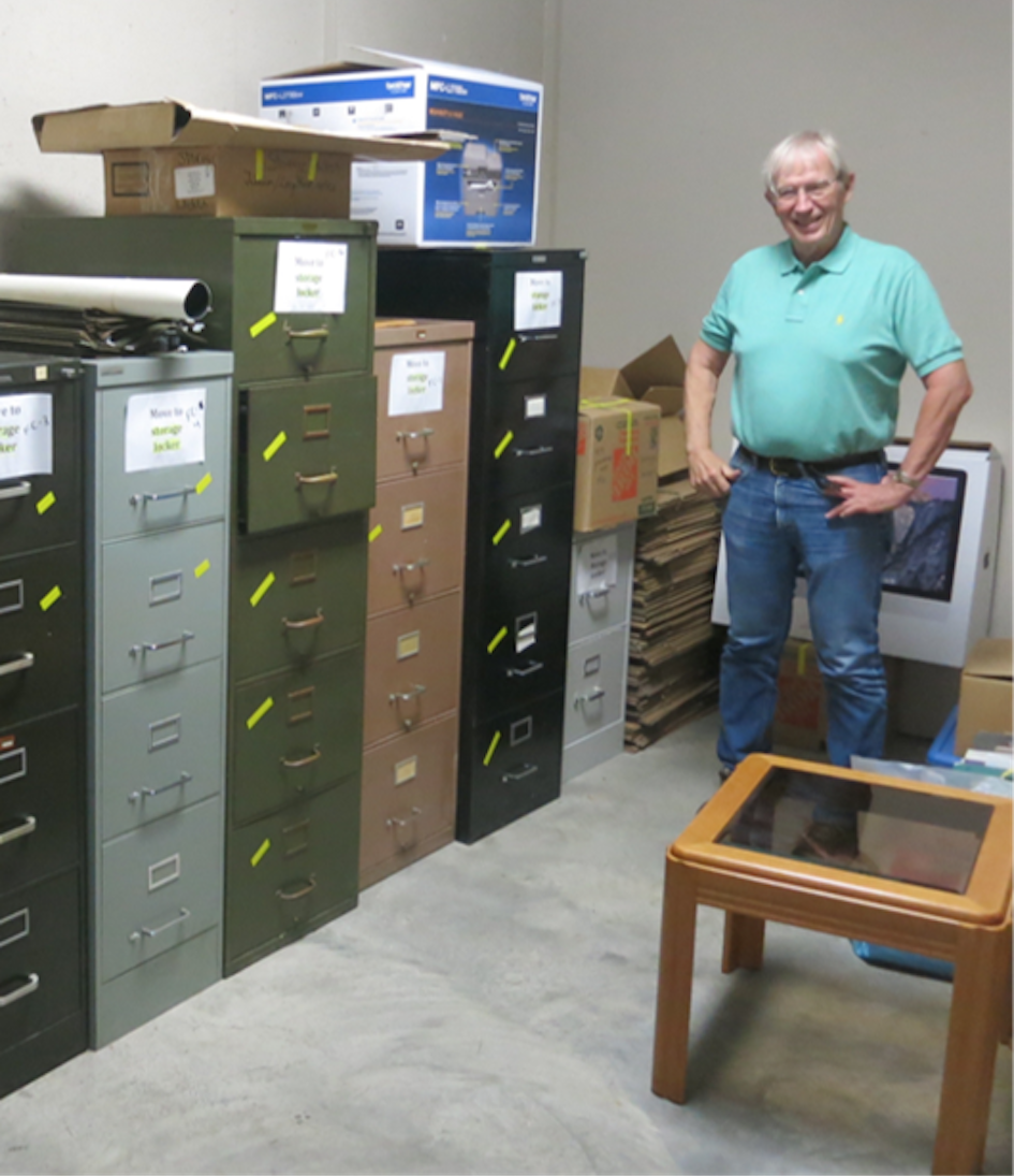 Historian Kerby A. Miller with his collection of Irish emigrant material shortly before its donation to the University of Galway Library in 2021. Image source: Breandán Mac Suibhne.