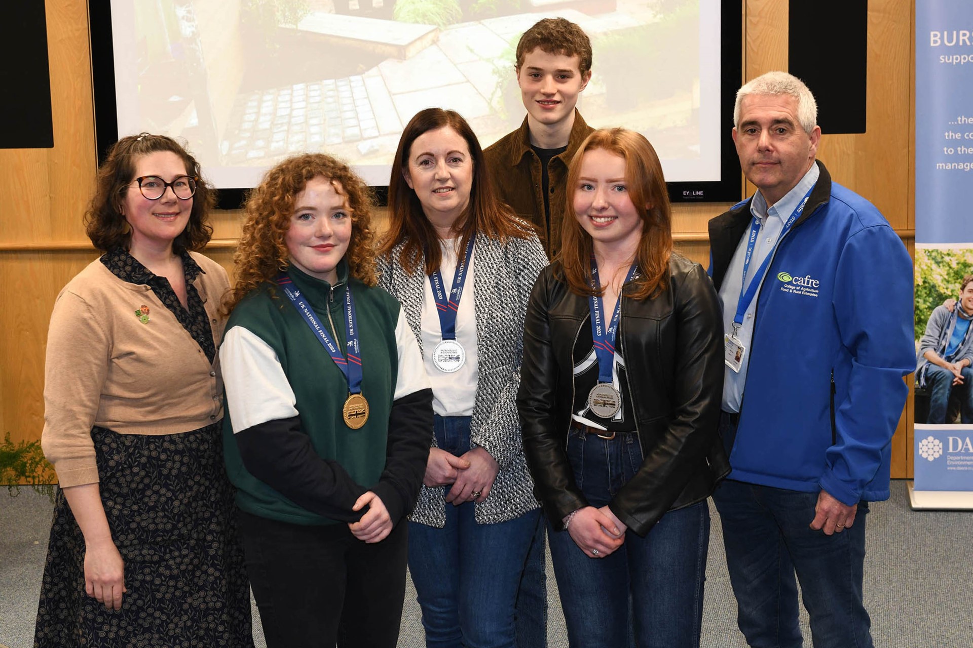 (L-r) Senior CAFRE lecturer Lori Hartman with Anna McLoughlin, Edel Michael, Jacob Mercer, Aimee Copeland and CAFRE lecturer Martin Wooster