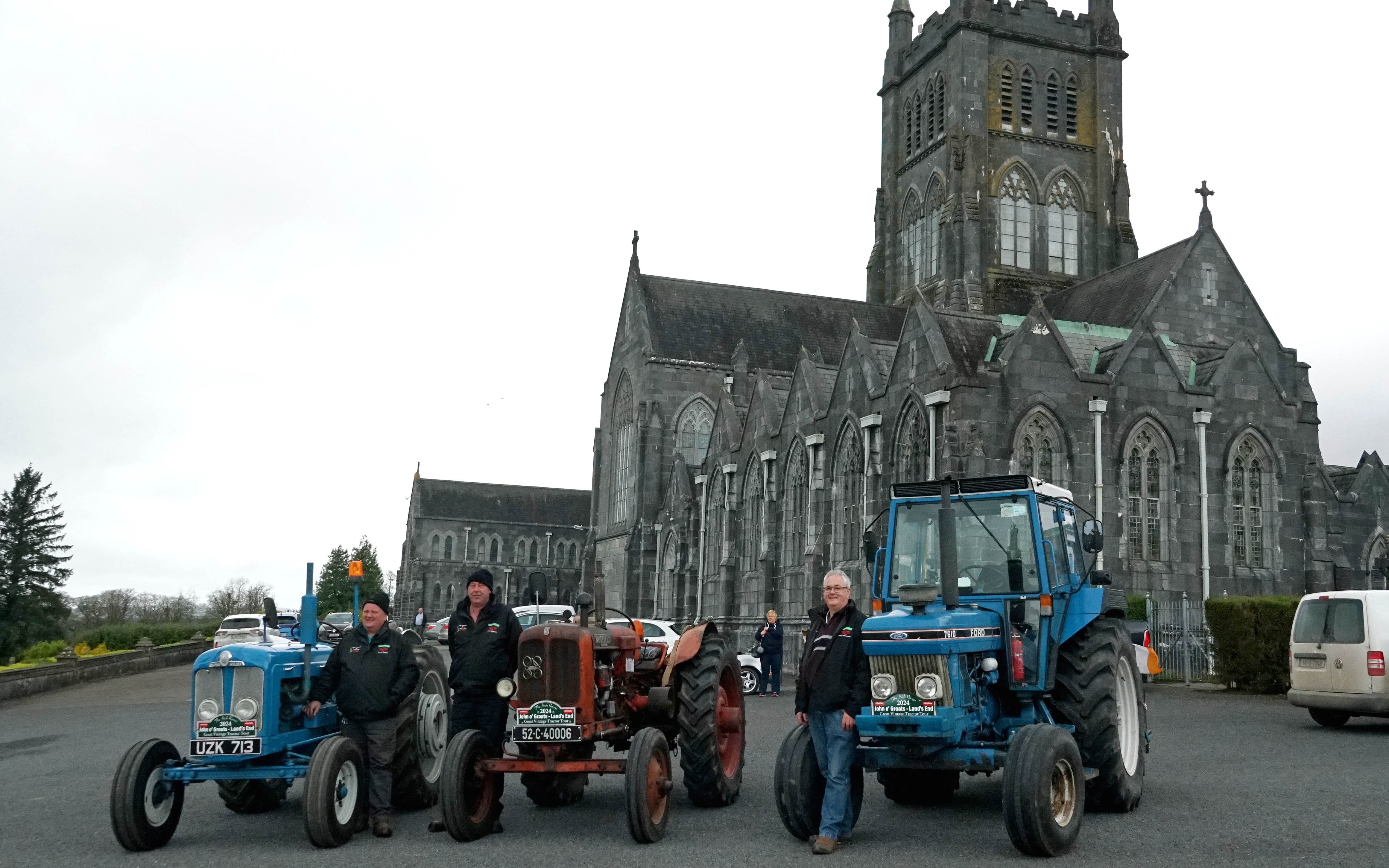 Three of the Irish Rovers, James Keohane, Tom Fitzgerald and Kieran O'Donaghue with their respective tractors at Mount Melleray