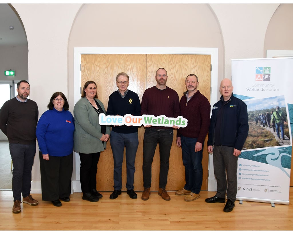 Pictured at the launch are (l-r): CARO Atlantic Sea Board North, Liam Scott; head of climate change at the Heritage Council, Catherine Casey; biodiversity officer Monaghan County Council, Patricia McCreesh; Tullamore Lions Club, Michael Carroll; Biodiversity Officer Clare County Council, Barry O'Loughlin; Abbeyleix Bog Project, Chris Uys; and climate action officer Roscommon County Council, Barry Tapster
