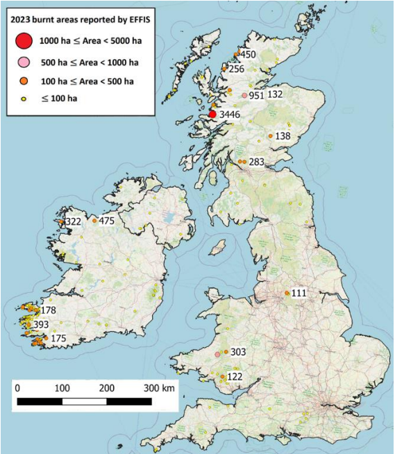 Locations of mapped burnt areas in Ireland and the UK in 2023. Image Source: JRC