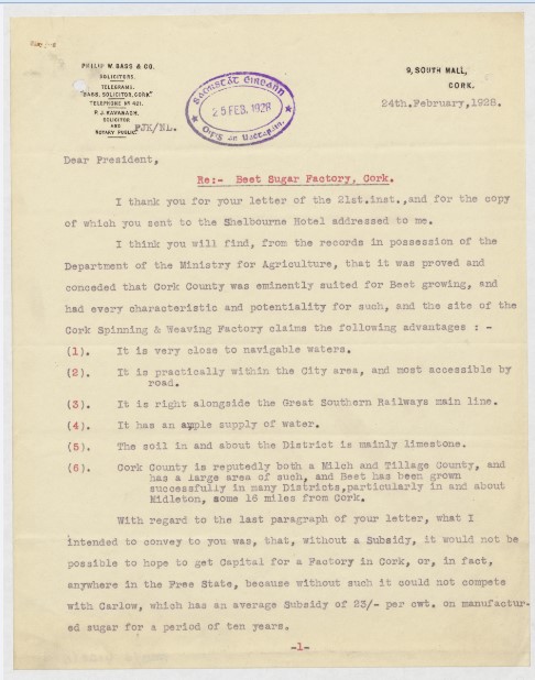 Letter from P J Kavanagh to W T Cosgrave about proposals for new sugar beet factory in Cork, 24 February 1928. Image source: National Archives