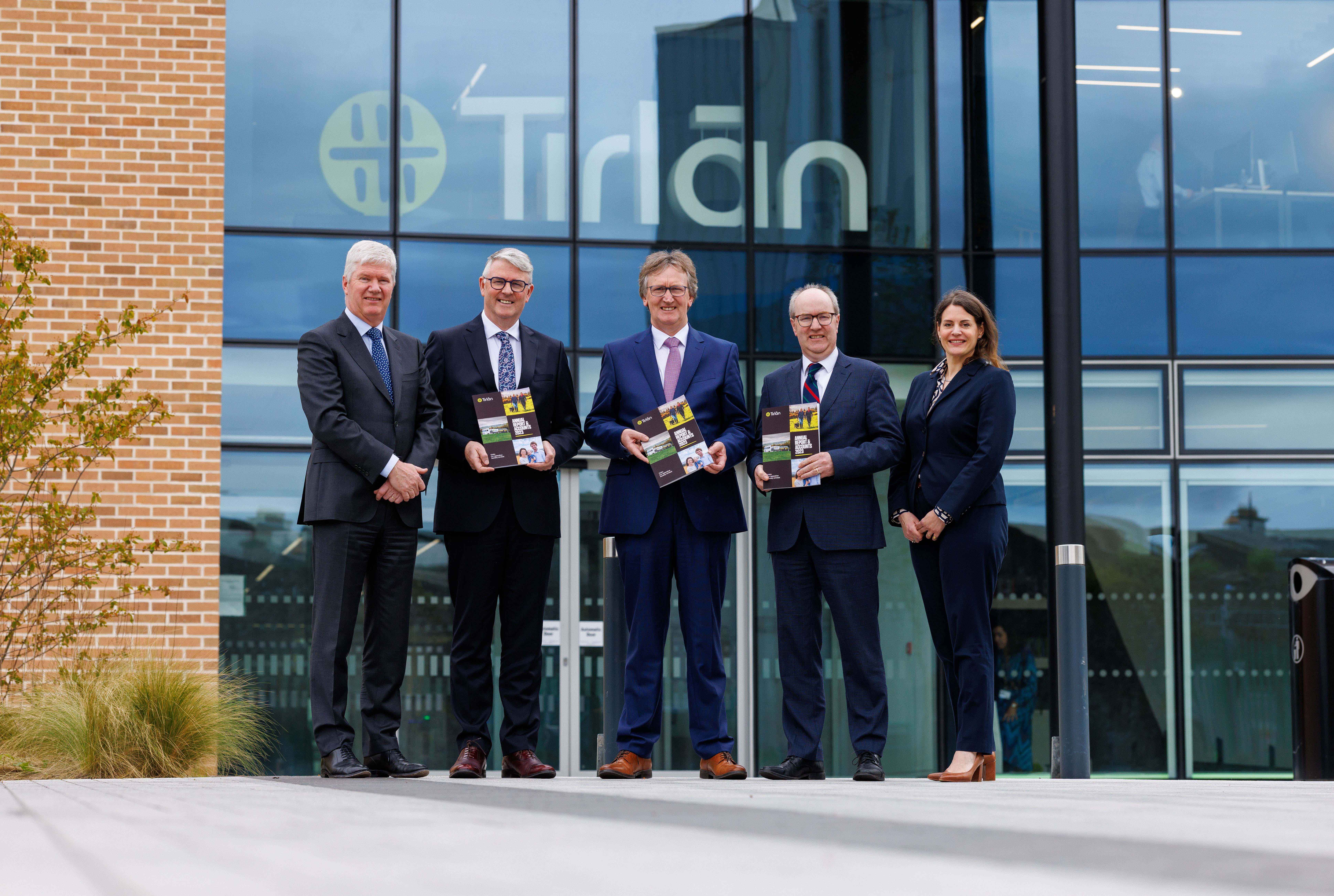 At Tirlán's HQ in Kilkenny (L-R) Michael Horan, chief financial officer, Jim Bergin, CEO; John Murphy, chair; Seán Molloy, CEO designate and Lisa Koep, chief ESG officer Source: Tirlán