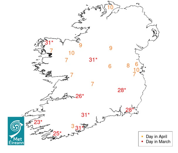 Estimated dates in March and April 2024 when peak&nbsp;nematodirus&nbsp;egg hatching is expected to occur on pasture Image: Met Éireann