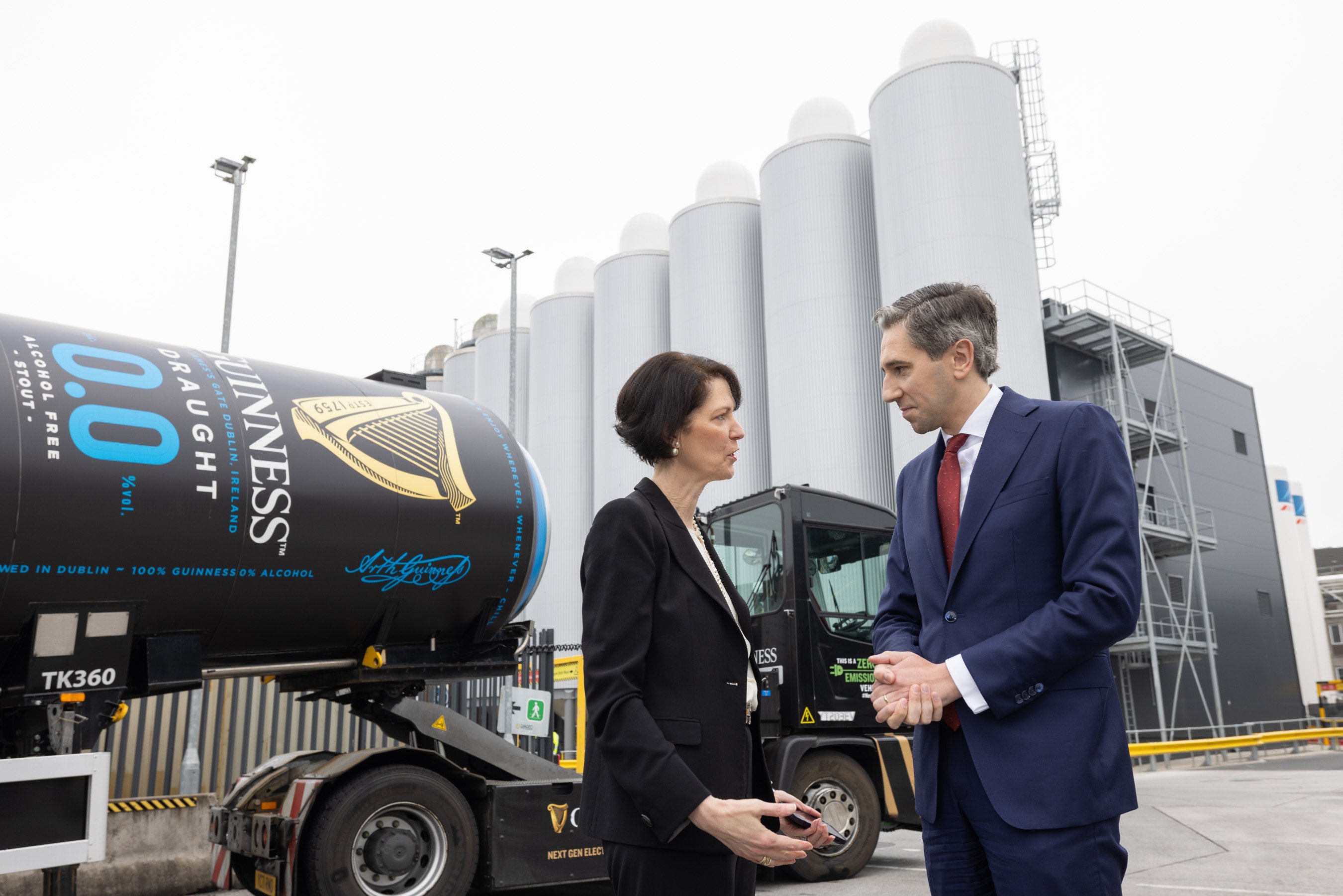 Debra Crew, chief executive, Diageo with An Taoiseach, Simon Harris at the St James’s Gate site in Dublin. Image Source: Naoise Culhane