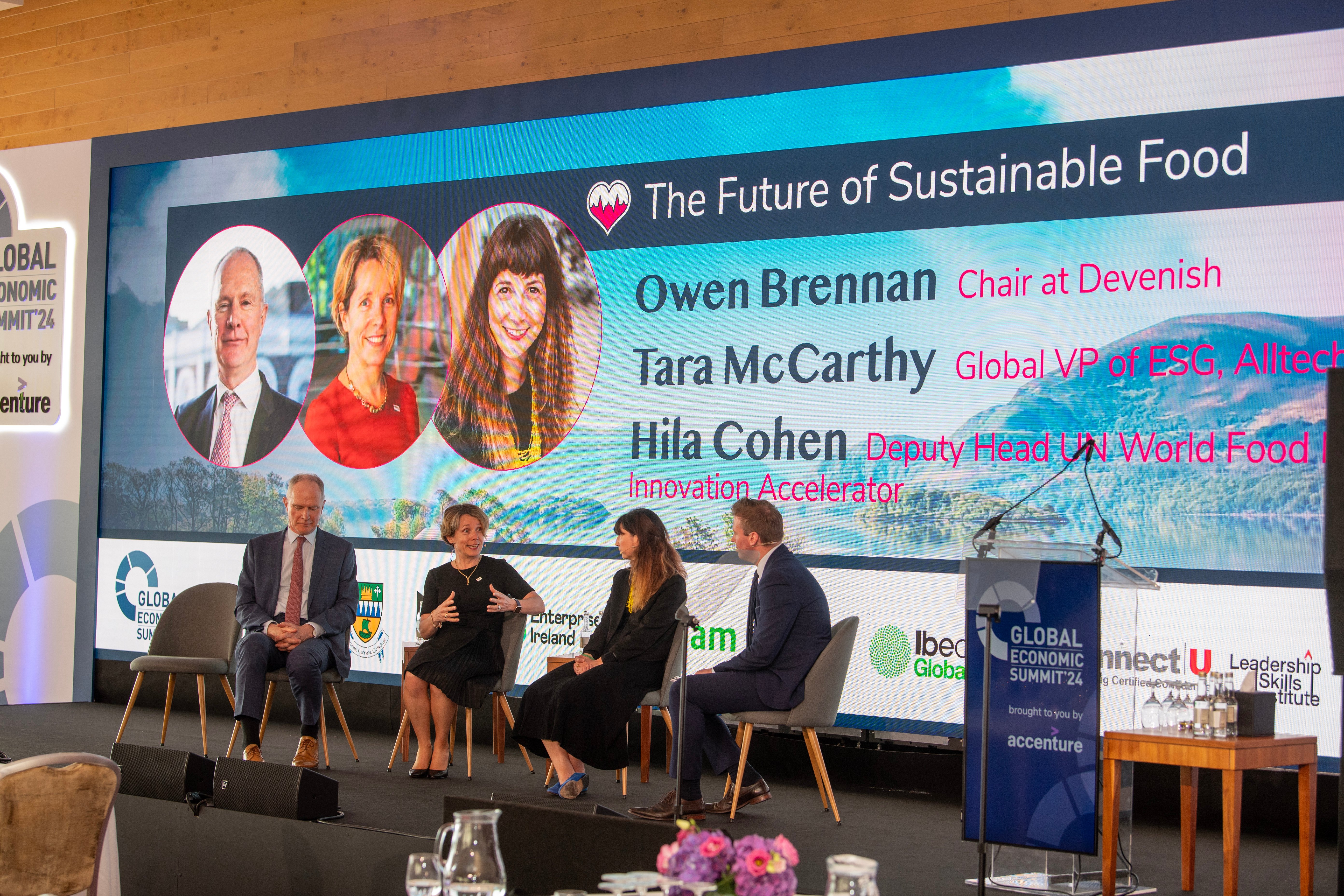 Owen Brennan, chair of Devenish , Tara McCarthy global VP of ESG Alltech and Hila Cohen deputy head UN World Food Programme innovation accelator at the Global Economic Summit in Kerry. Image Source: Domnick Walsh
