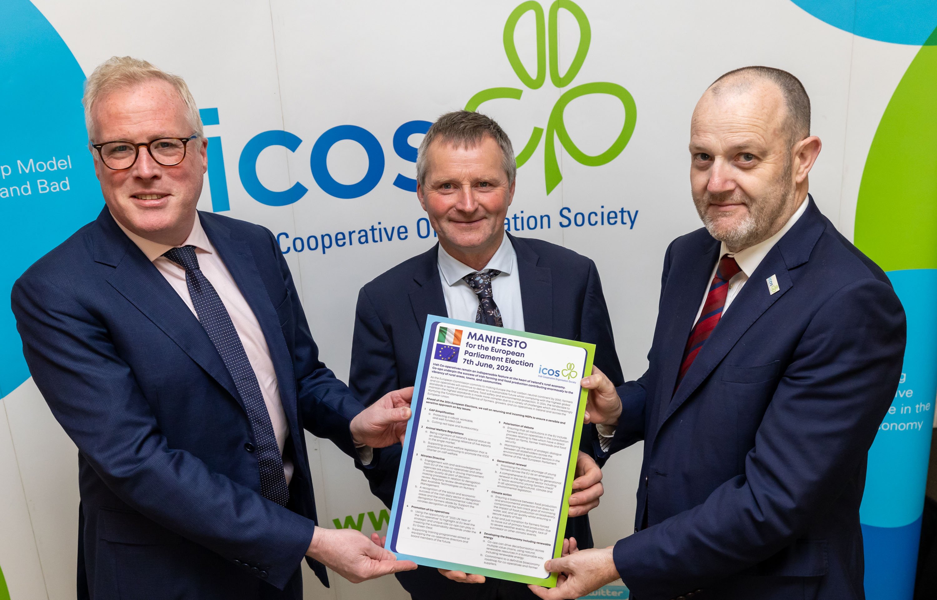 ICOS EU affairs and communications manager, Damien O’Reilly; ICOS president Edward Carr; and ICOS CEO TJ Flanagan with the manifesto for EU Elections. Image source: Alf Harvey