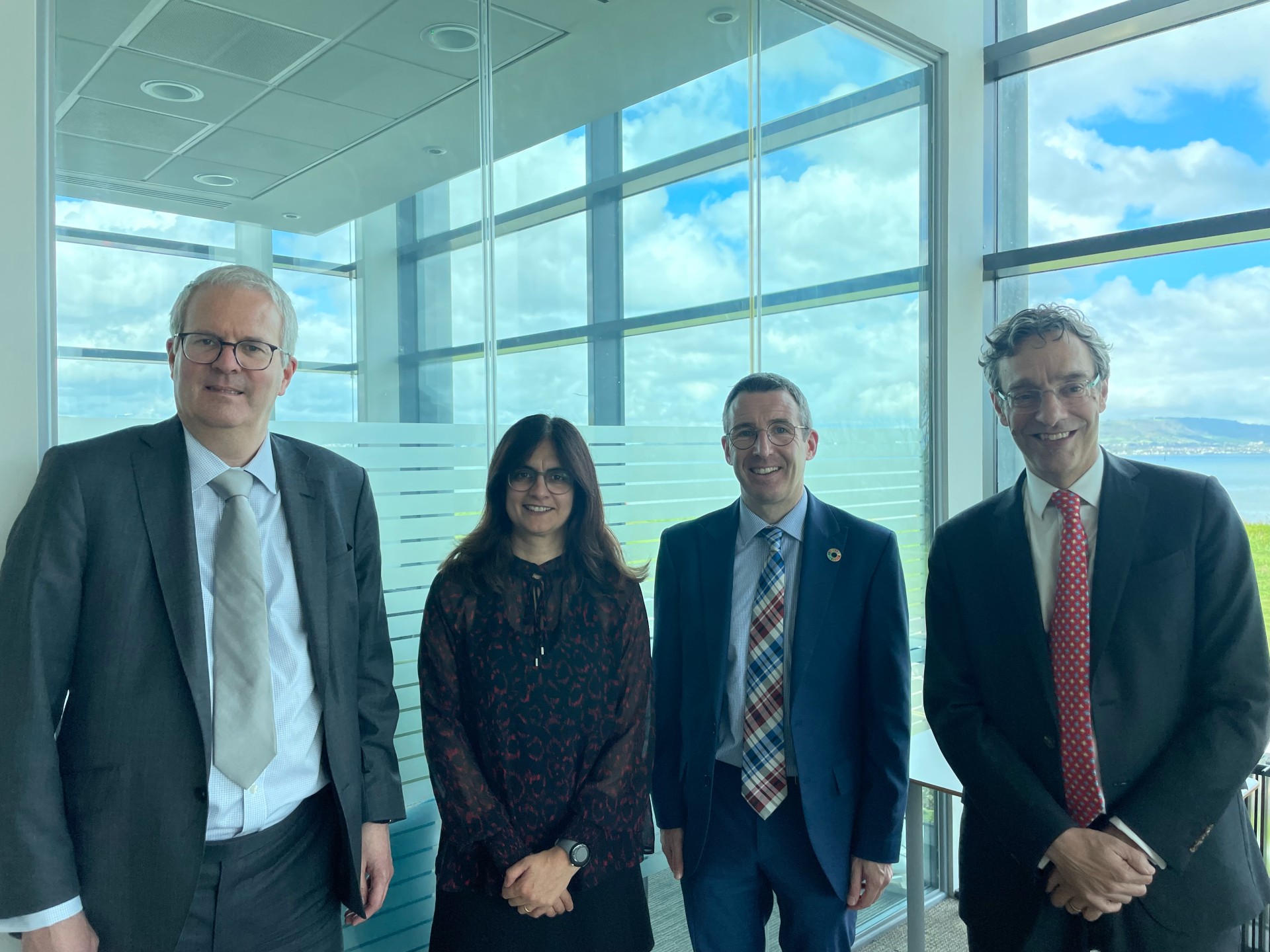 (L-r) Acting CCC chief executive, Dr James Richardson; Senior CCC analyst, Indra Thillainathan; DAERA minister, Andrew Muir; and CCC interim chair Piers Forster. Image: DAERA