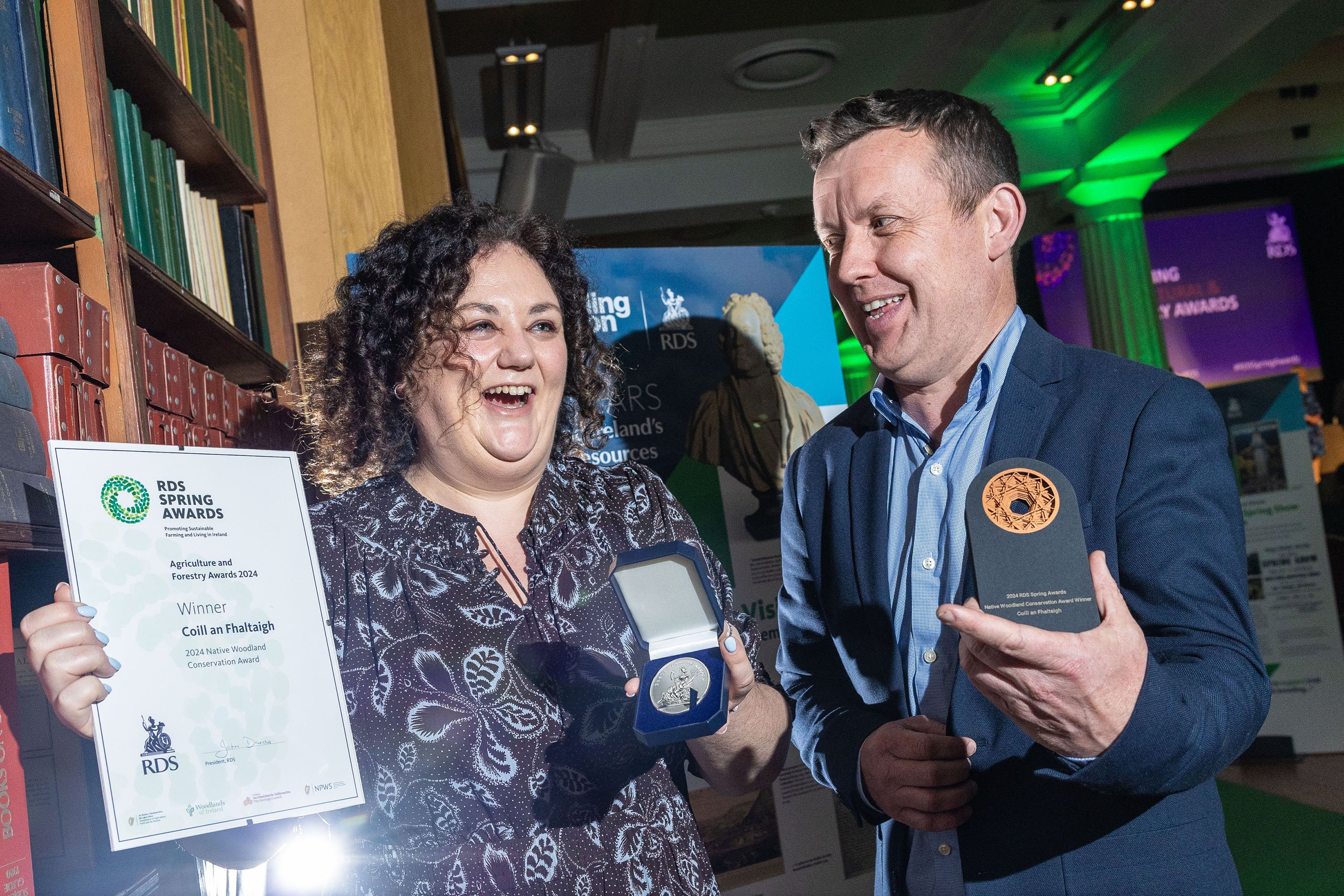 Eoin Wemmys and Mary Clifford from Coill an Fhaltaigh, Kilkenny. Coill an Fhaltaigh was announced as the overall winner of the RDS Native Woodland Conservation Award