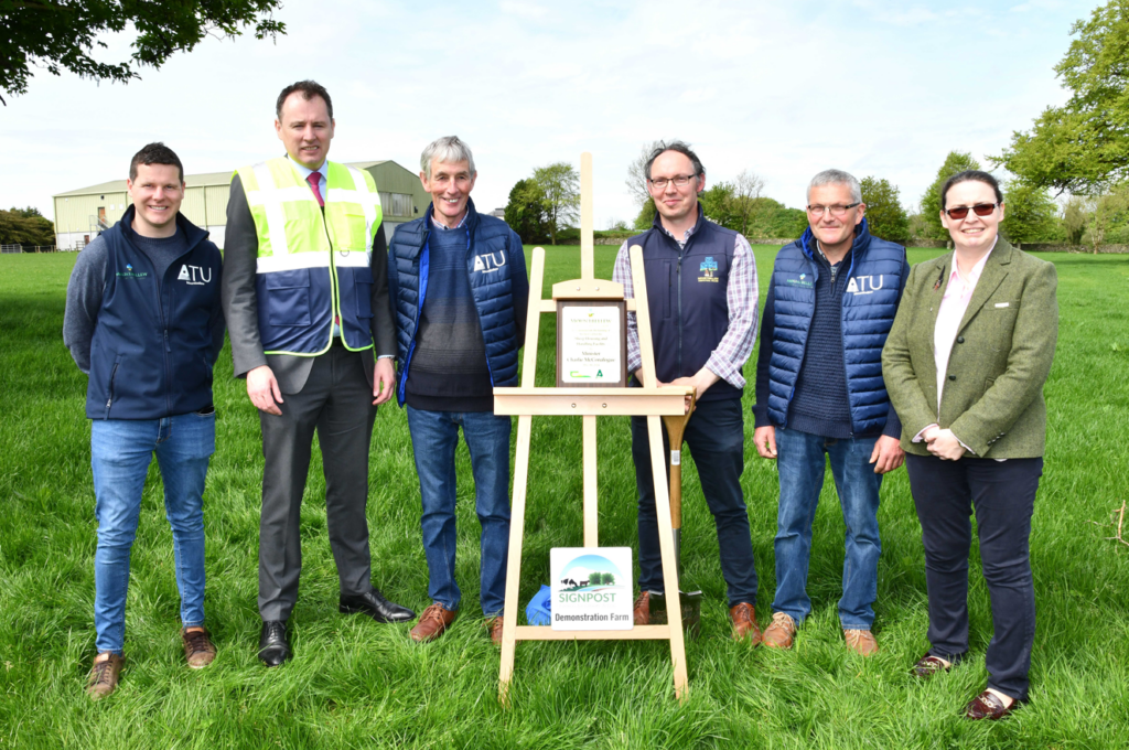Minister for Agriculture Charlie McConalogue (centre) with (l-r): Ronan Grealis; John Hurley; Barry Bonar; Padraic Cunniffe; Dr. Edna Curley, Mountbellew Agricultural College