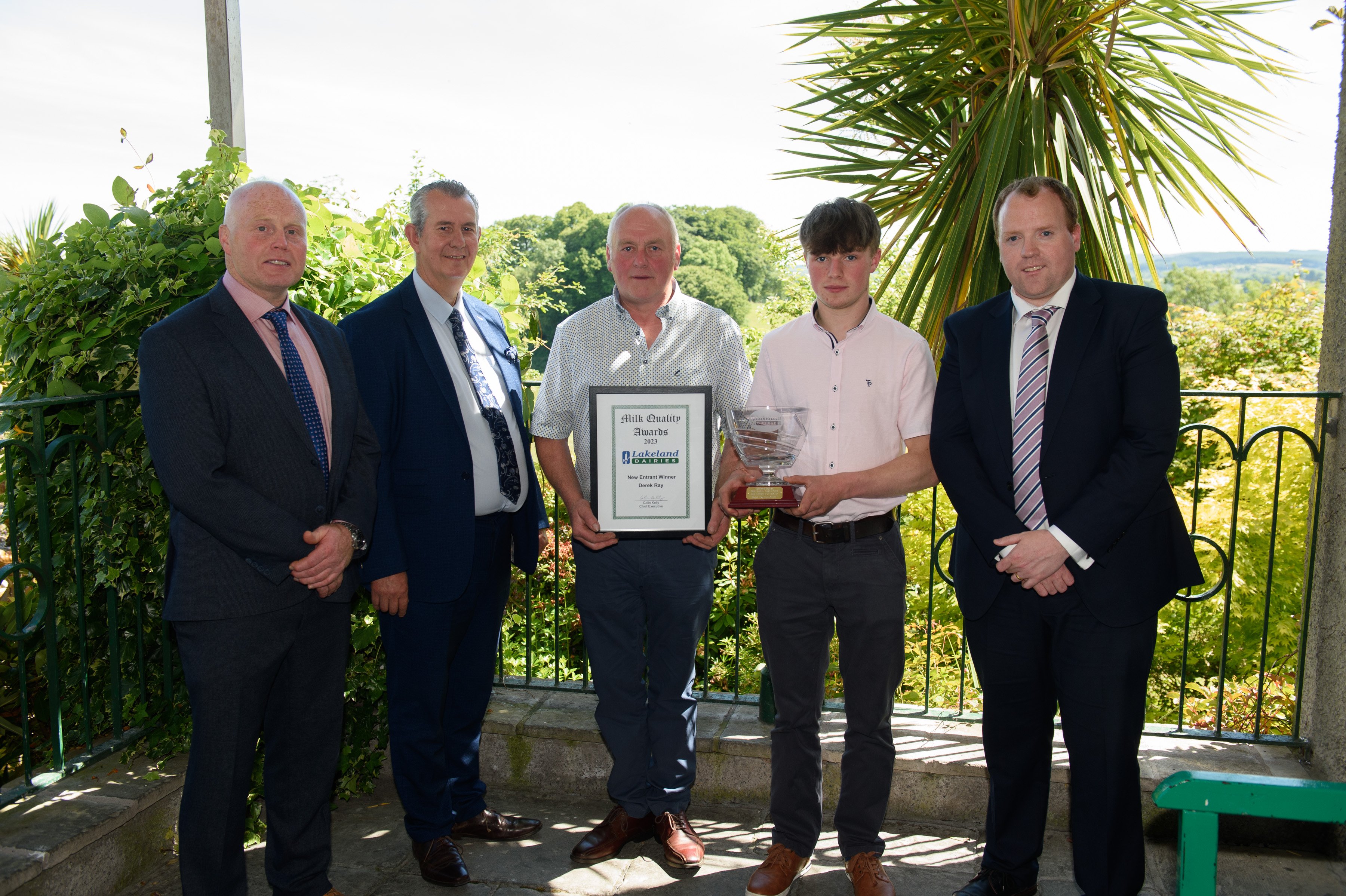 (l-r) (l-r) Lakeland Dairies chair, Niall Matthews; Edwin Poots MLA, speaker of the Northern Ireland Assembly; Derek and Luke Ray; and Colin Kelly, group chief executive officer, Lakeland Dairies Source: Rory Geary via Lakeland Dairies