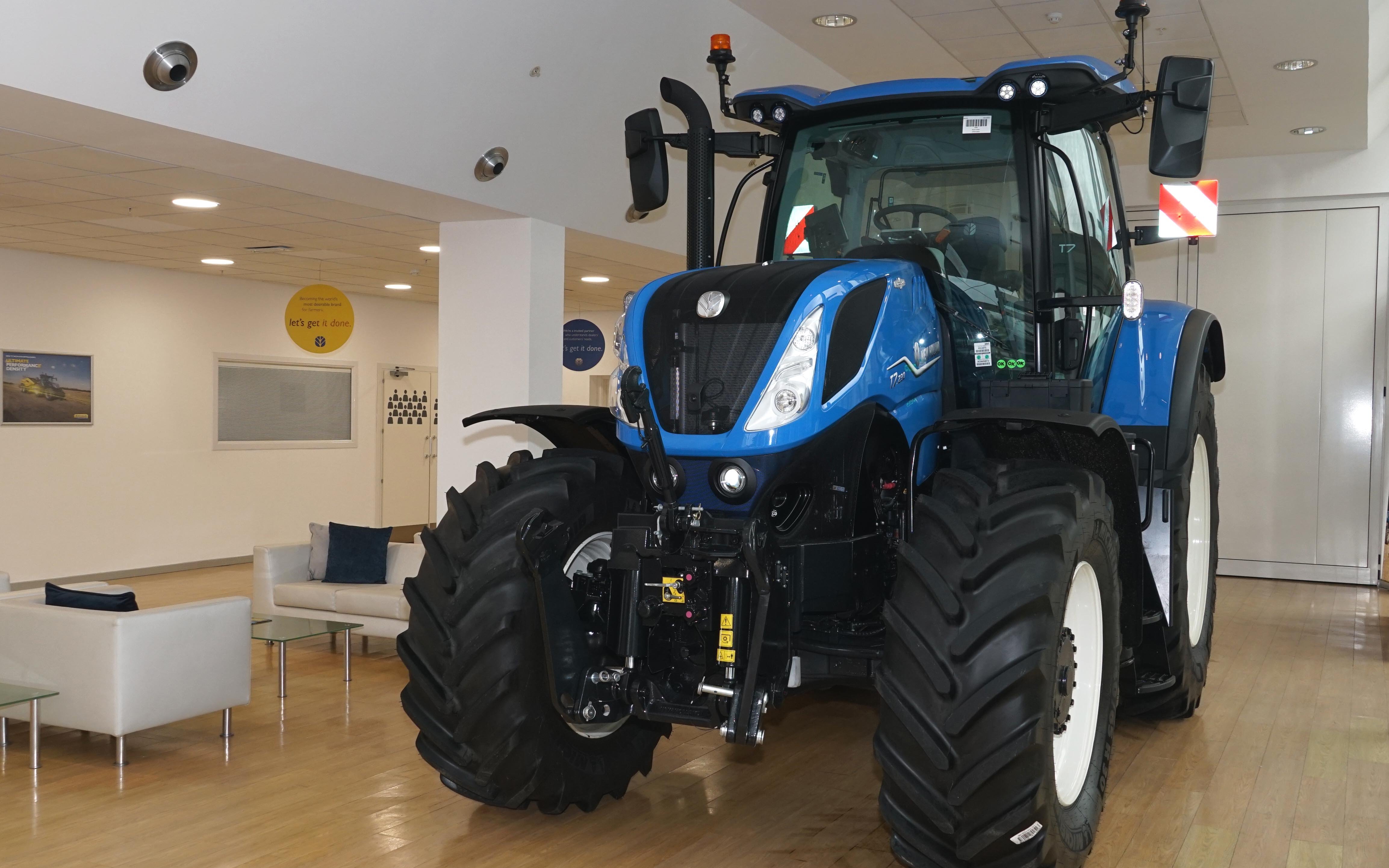 A New Holland T7.230 greets visitors to the offices of CNH at Basildon
