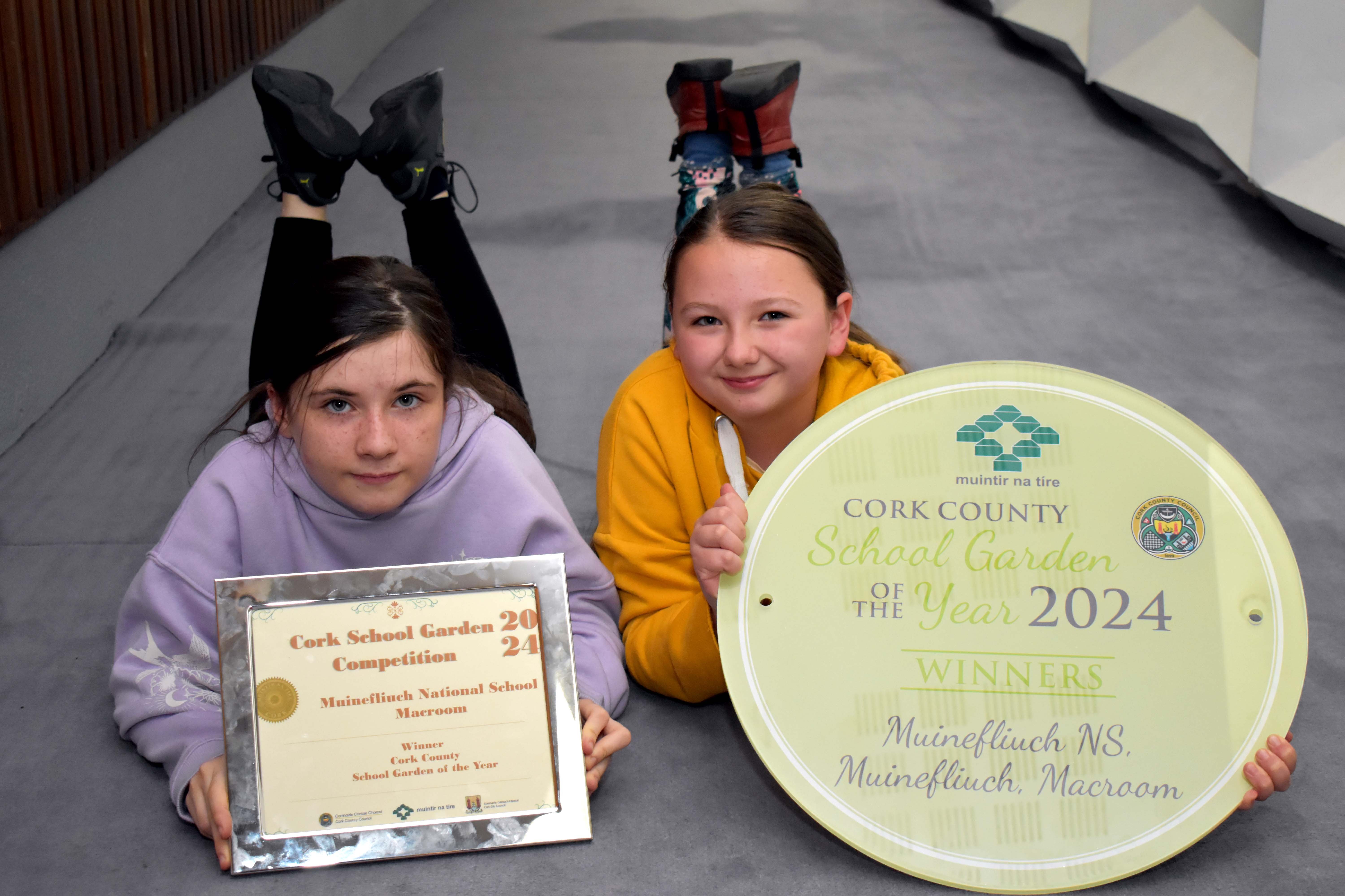 Sara O'Callaghan and Sophia Kelleher of Muinefliuch National School after their big win at the Muintir na Tire School Garden Awards. Source: Micheal English.