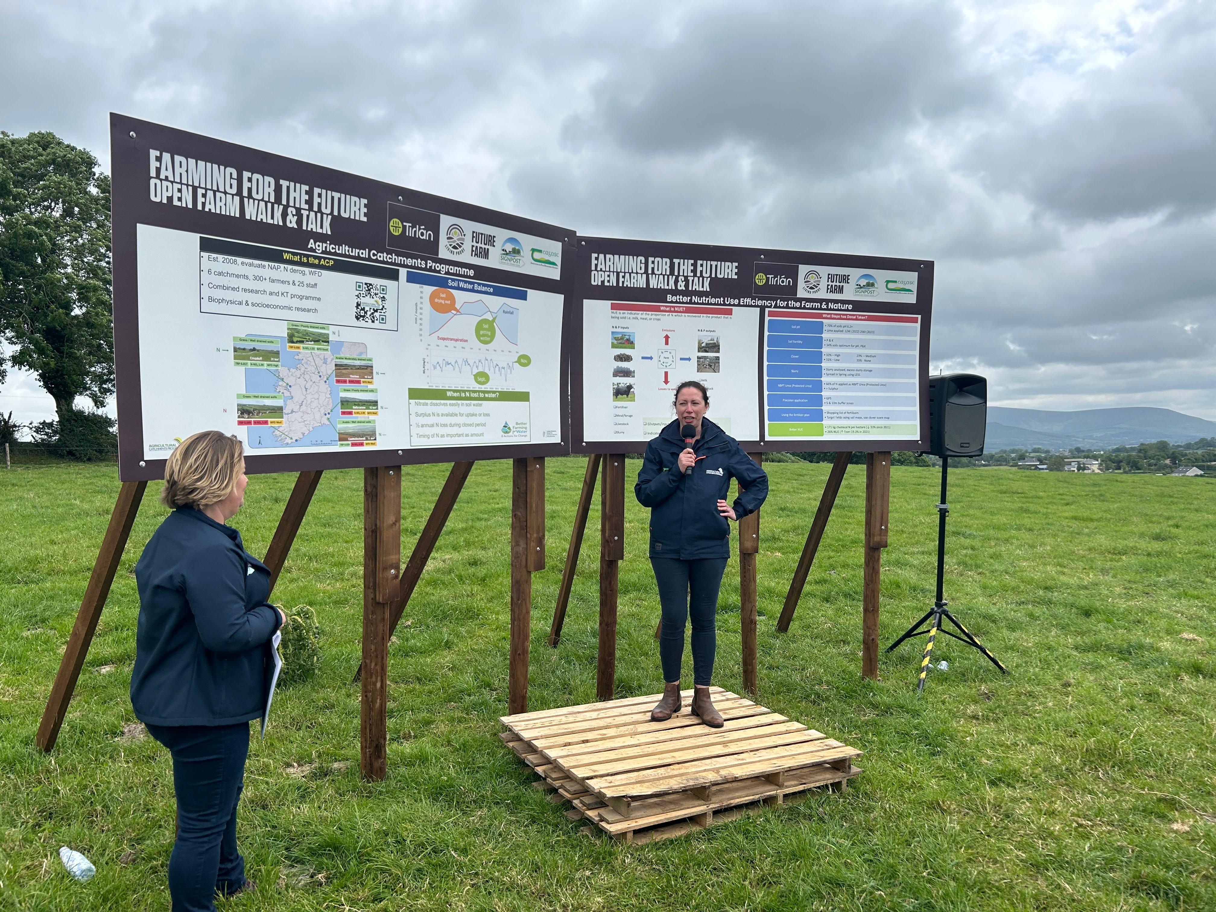 L-r: Sandra Hayes and Bridget Lynch talking at the farm walk