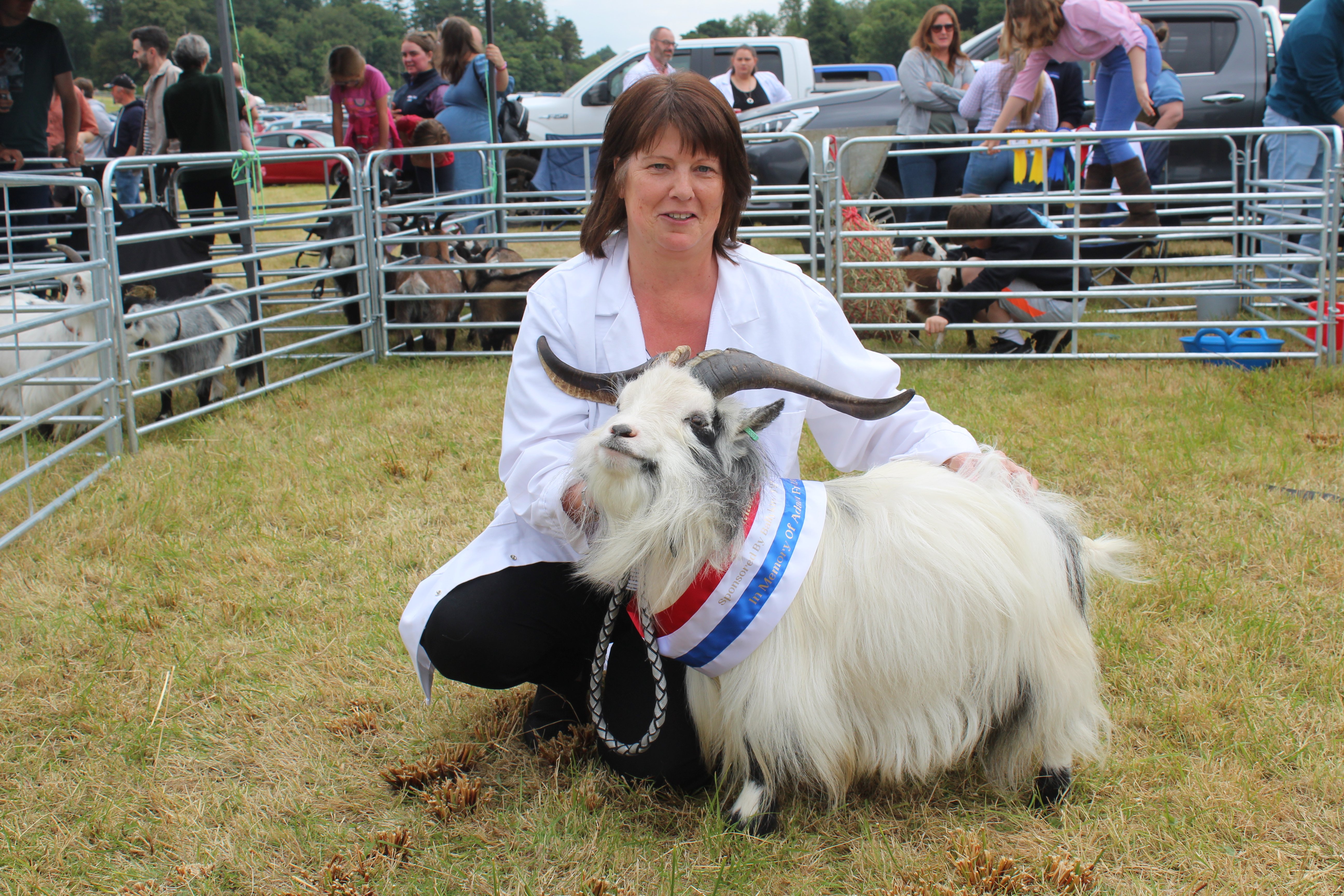 Margaret Conn, from Upper Ballinderry in Co. Antrim with the champion male pygmy goat at Castlewellan Show 2024
