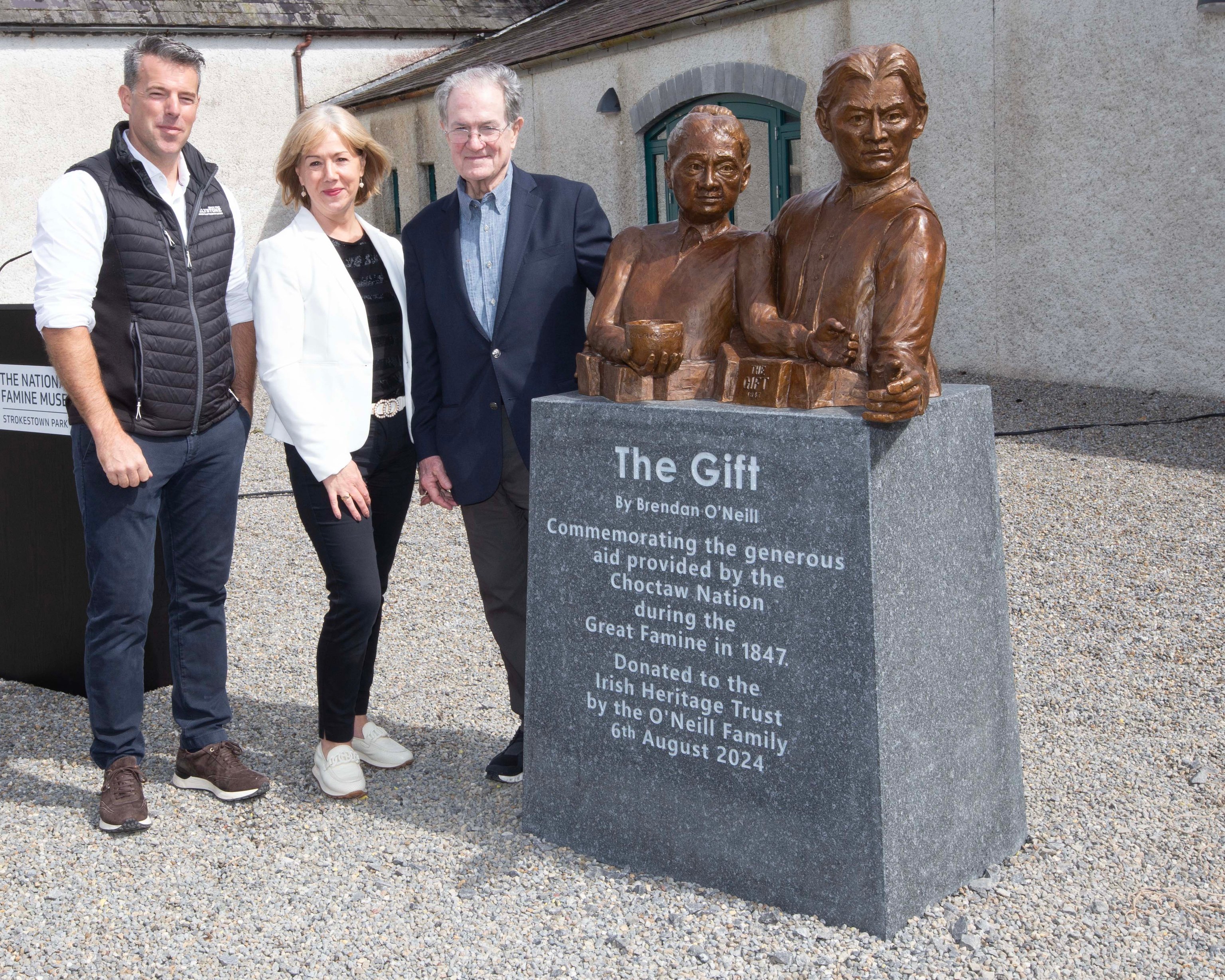 Finbarr Feeley, Feeley Stone, Rhona McGrath, Arts Officer, Roscommon County Council and sculptor, Brendan O’Neill. Image source: Brian Farrell