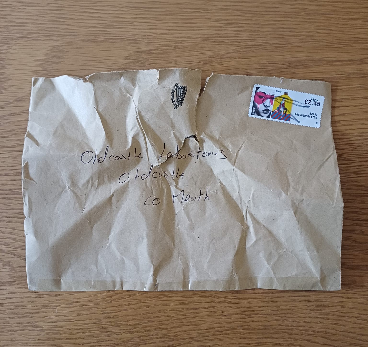 A damaged BVD sample envelope Source: Oldcastle Laboratories Ltd.