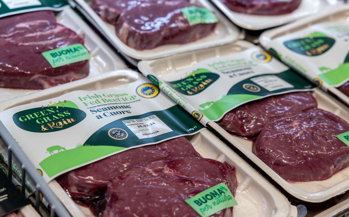 Irish grass fed beef with PGI status on supermarket shelves in Italy. Source: Bord Bia