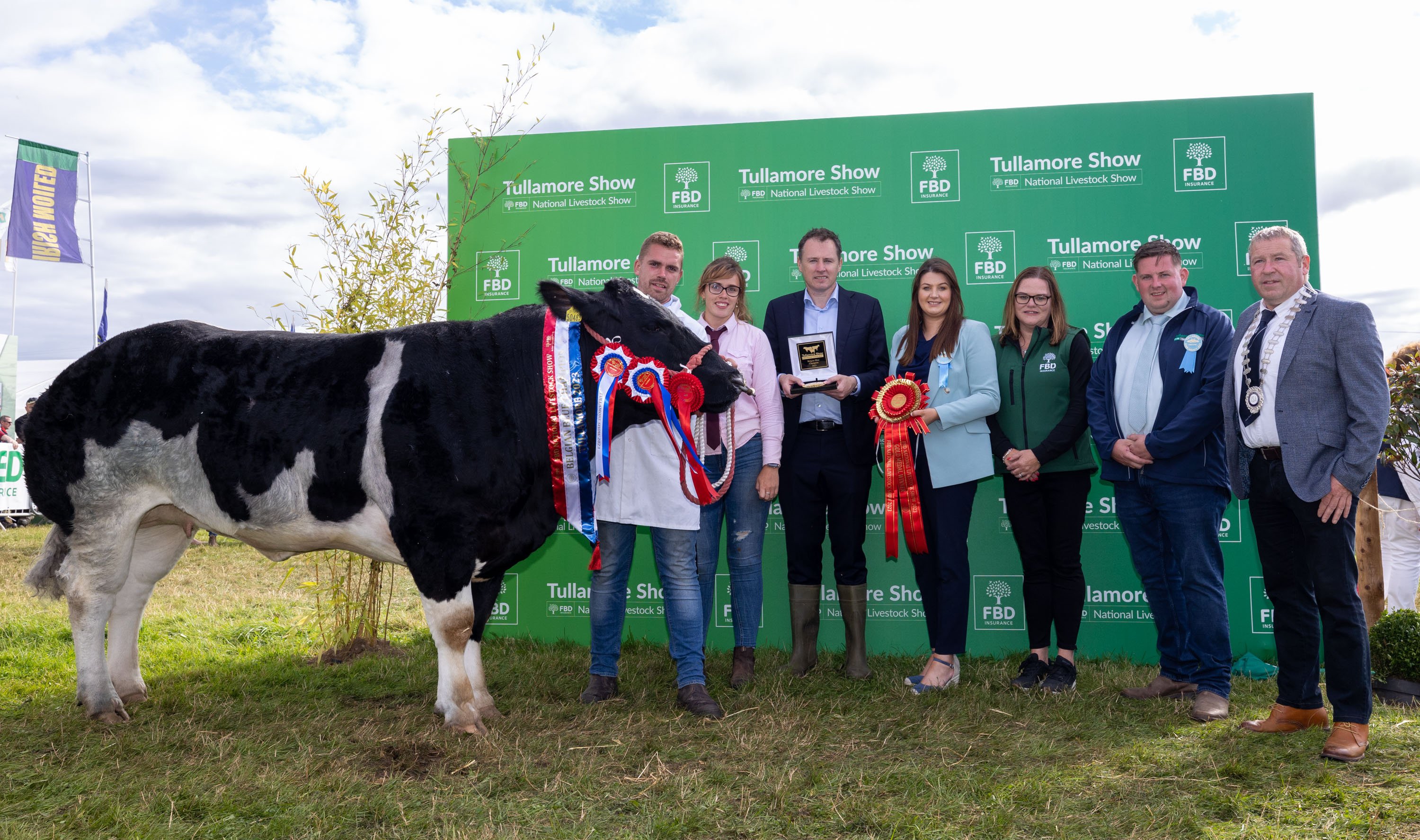 The champion Pedigree Belgian Blue owned and shown by Daniel and Denise O’Donovan from Dunmanway, Co. Cork are presented with the awards by Minister for Agriculture, Food and the Marine Charlie McConalogue TD; Chelsey Cox-McDonald, show secretary; Amanda Dunne FBD; Kalen McNamara, head of pedigree and Ray Brady, ISA president at Tullamore Show 2023.
Picture: Alf Harvey.
