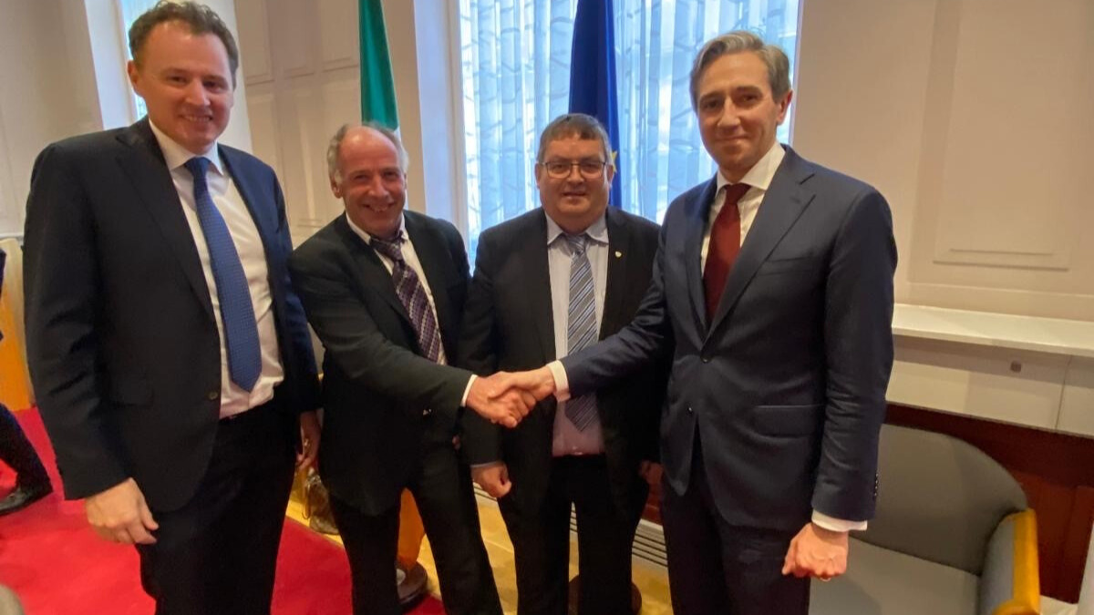 (L-R) Minister for Agriculture, Food and the Marine Charlie McConalogue, ICSA president Sean McNamara, ICSA general secretary Hugh Farrell, and Taoiseach Simon Harris. Source: ICSA