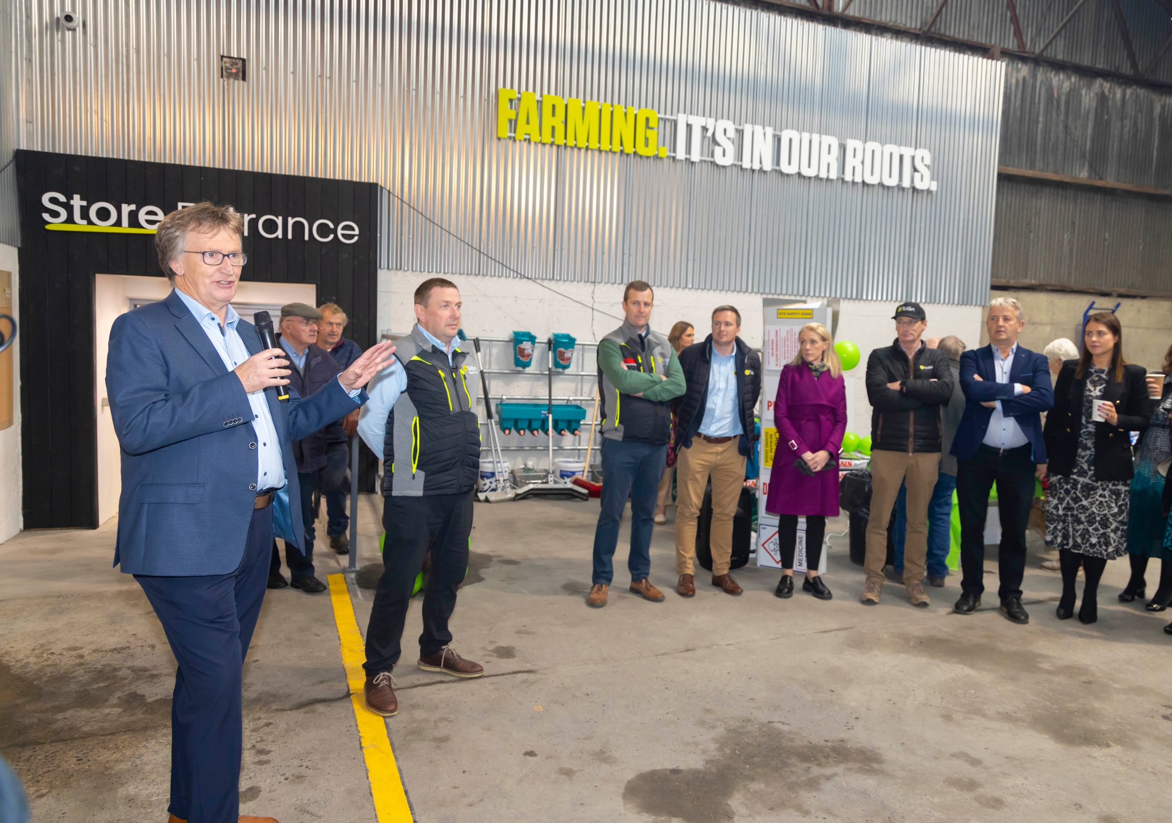 Tirlán chairperson, John Murphy, addresses those gathered for the official opening of the Inch branch. Image source: Patrick Browne