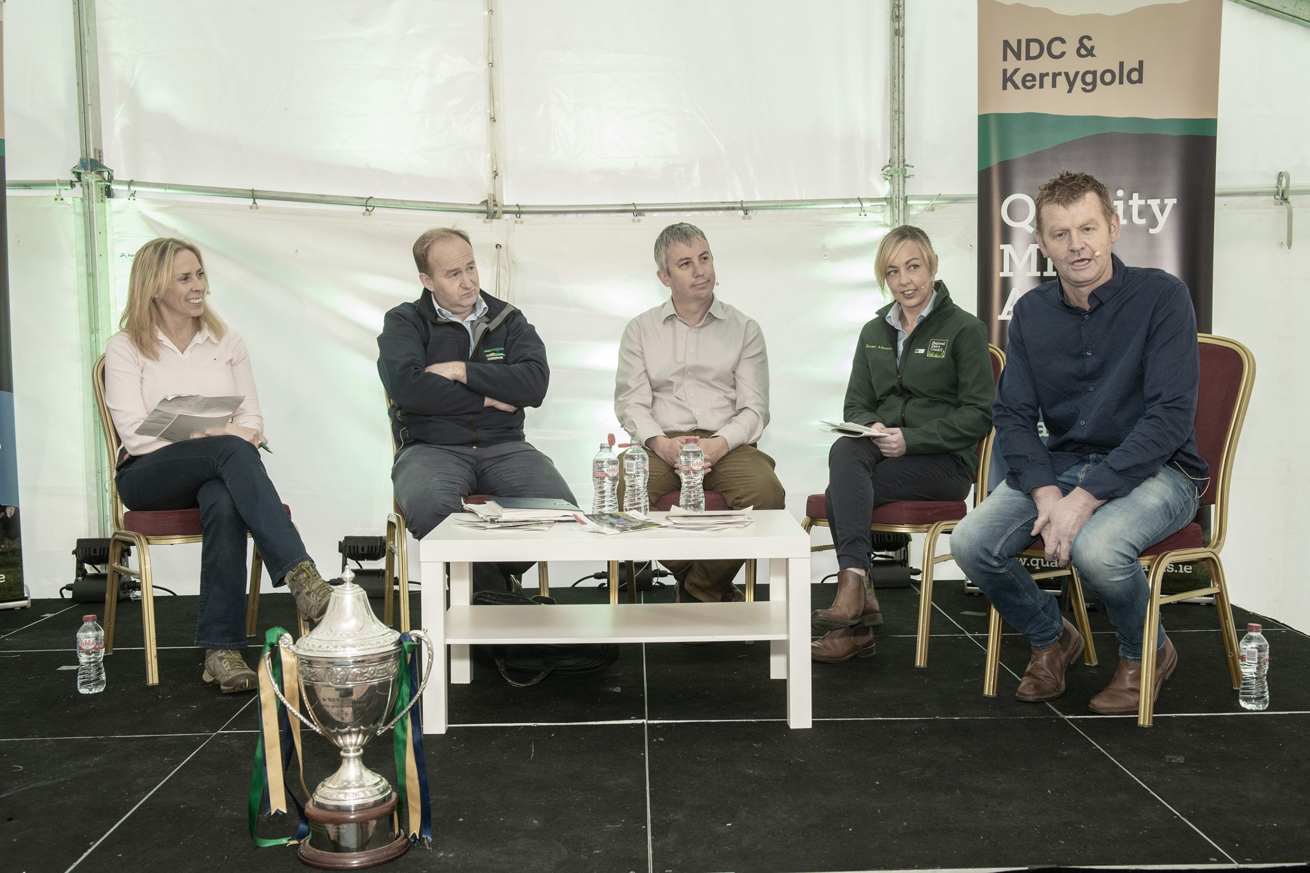 Pictured at the NDC &amp; Kerrygold Quality Milk Awards farm walk and seminar, held at the Macnamara farm in Hospital, Co Limerick (l-r) Professor Karina Pierce, UCD, Professor Laurence Shalloo, head of the Animal and Grassland Research and Innovation Programme Teagasc, Seán McCarthy, services and sustainability manager Kerry Agribusiness, Majella McCafferty, farmer advocacy manager NDC and John Macnamara (host). Image Source: O'Gorman Photography