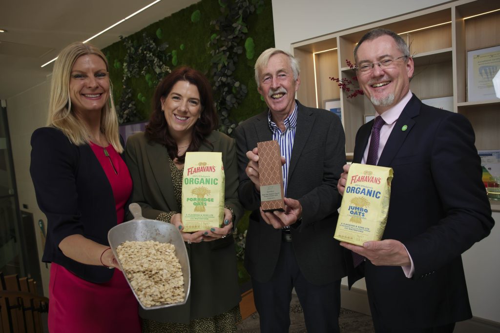 Minister of State, Pippa Hackett, Nicola Bates and John Flahavan, Flahavans with  Jim O’Toole, CEO Bord Bia.Image source: Chris Bellew / Fennell Photography