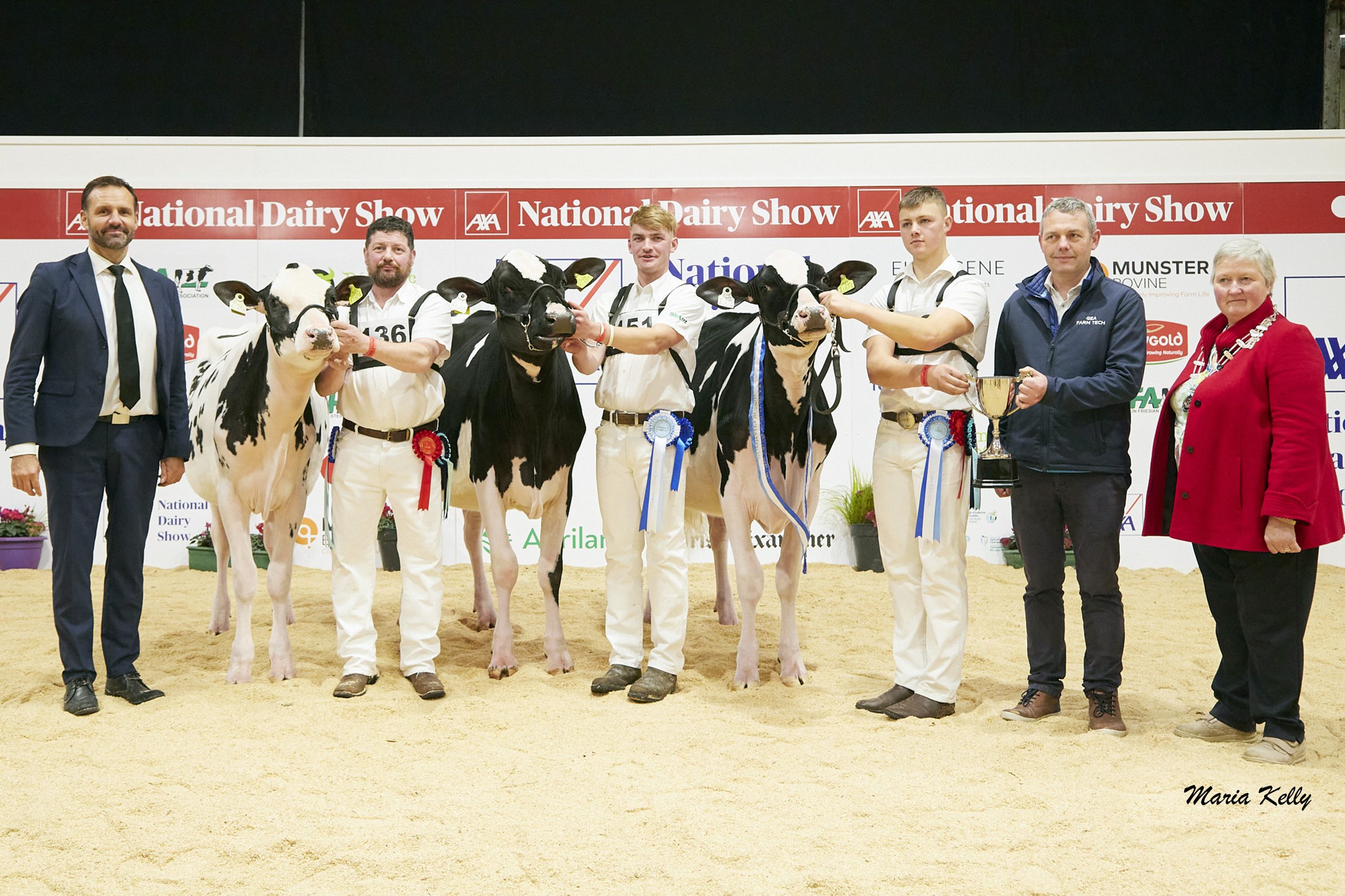 L-R: Judge Niels Erik Haahr, Honourable Mention Evergreen Chief Lustre exhibited by Liam &amp; Sandra Murphy, Steve McLoughlin (handler), Reserve Champion Tubbertoby Doc Joyful exhibited by Paul &amp; Margeurite Flanagan, Matthew Flanagan (handler), Champion Hallow Sidekick Twizzle exhibited by Philip Jones, Will Jones (handler), Tom Cummins, GEA, (sponsor) Ursula Forrest, Cork Holstein Friesian Club president. Source: Maria Kelly
