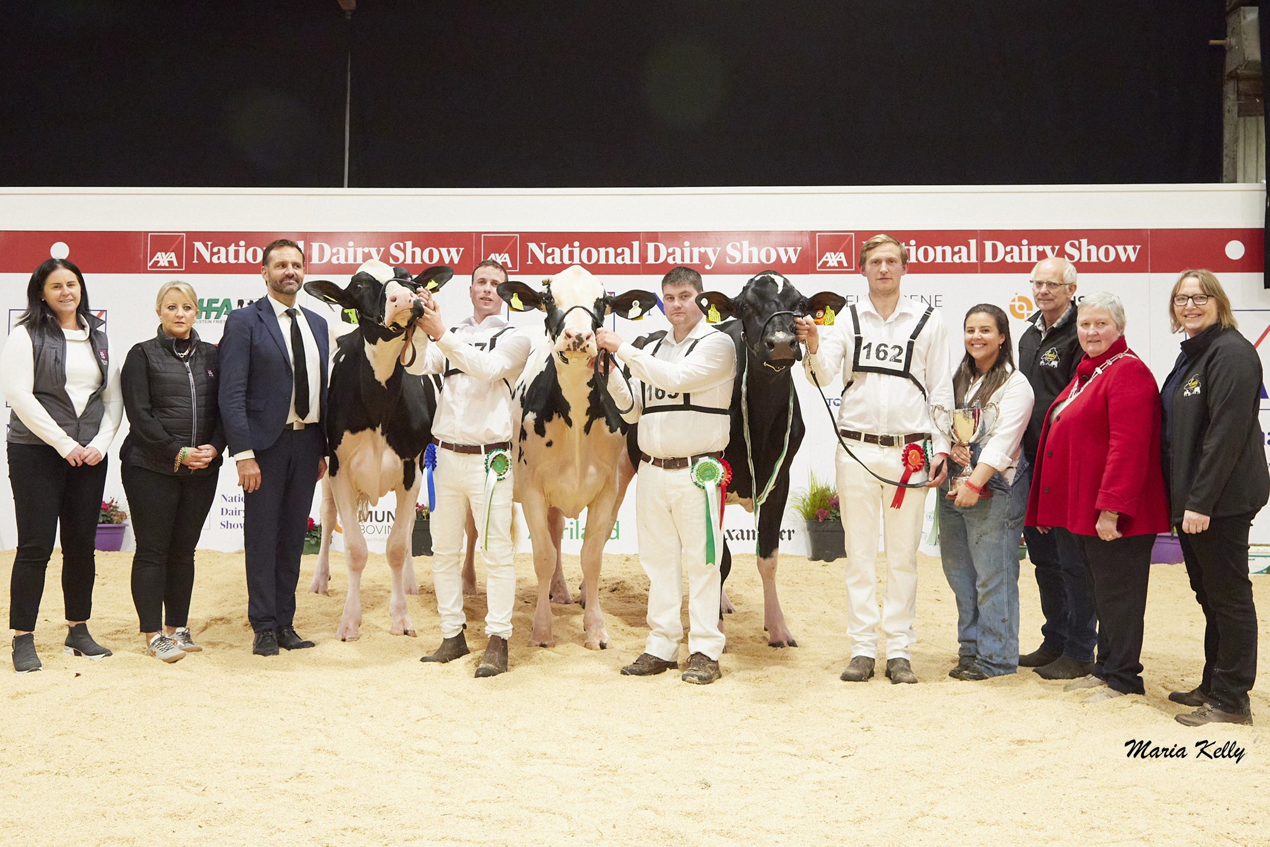 L-R:  Kelly Lyons &amp; Ellmarie Kelleher, AIB (sponsor), Judge Niels Erik Haahr, Honourable Mention Cradenhill O’Leila ET exhibited by Richard Kingston (handler), Reserve Champion Desmond Denver Ruby, exhibited by Desmond Holsteins, Paul Murphy (handler), Champion Eedy King Doc Fame exhibited R &amp; S and J &amp; L Helen, Jason Helen (handler), Laura Helen, Robert Helen, Ursula Forrest, Cork Club President, Sylvia Helen. Photo: Maria Kelly