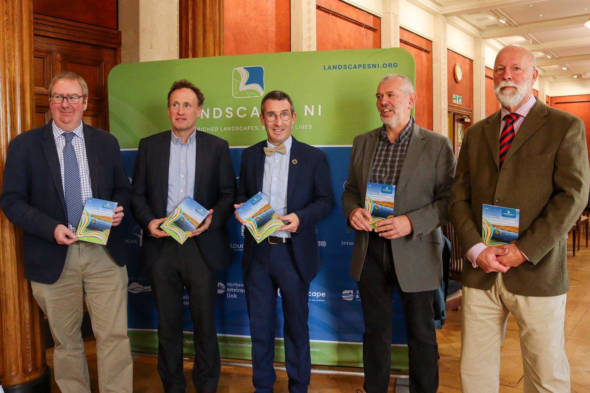 DAERA Minister Andrew Muir (centre) at the launch of the Landscapes NI Manifesto with (l-r) Max Bryant NI Environment Link chief executive, Martin Carey Landscapes NI chair, Mike McClure Landscapes NI, and Stephen Aston NI Environment Link chair