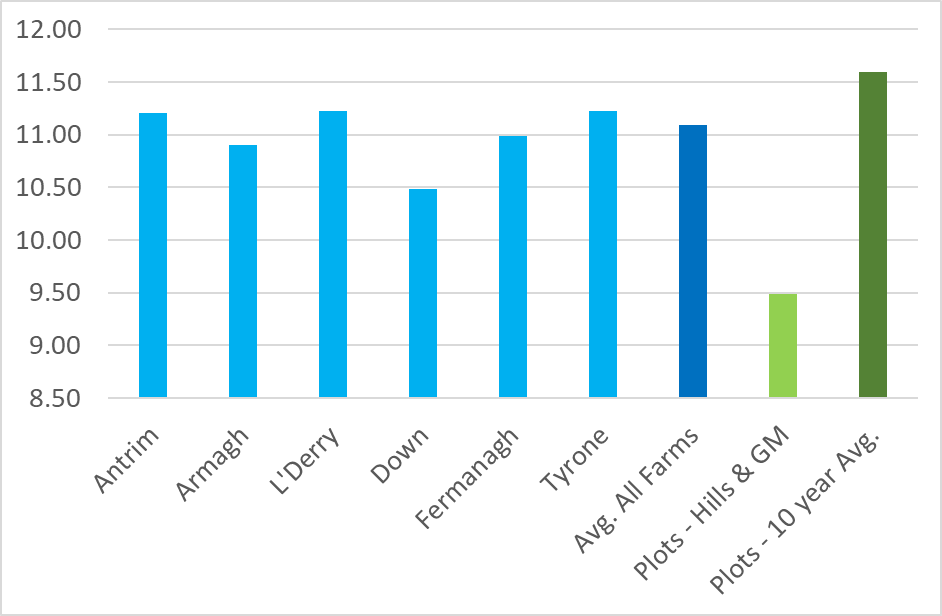 2024 yields (t DM/ha) on GrassCheck farms (by County) and plots (Greenmount and Hillsborough)