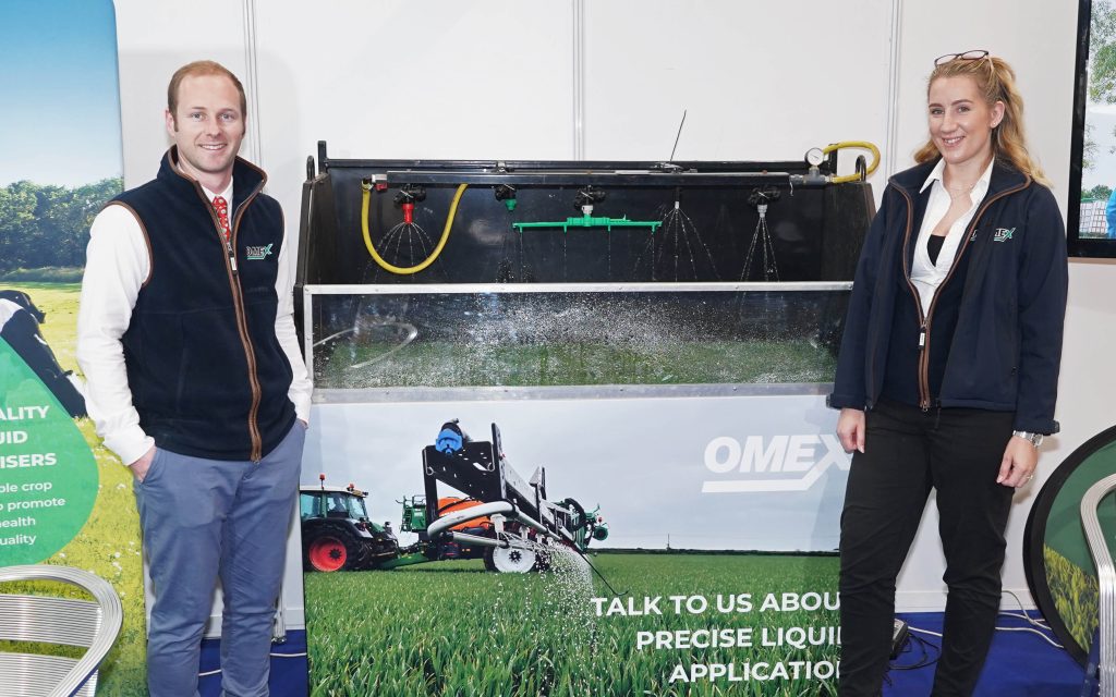 Luke Thornton and Hannah Allen of Omex with the range of nozzles available from  the company