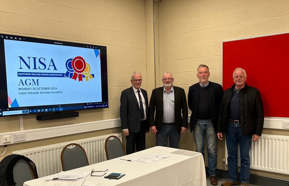 Attending the 2024 AGM of the Northern Ireland Shows Association (l-r:) John Henning, president of the Royal Ulster Agricultural Society (RUAS); Brian Lockhart, chair of the NISA; Richard Halleron, Agriland (guest speaker) and Gerald McFarland, Omagh Show Society