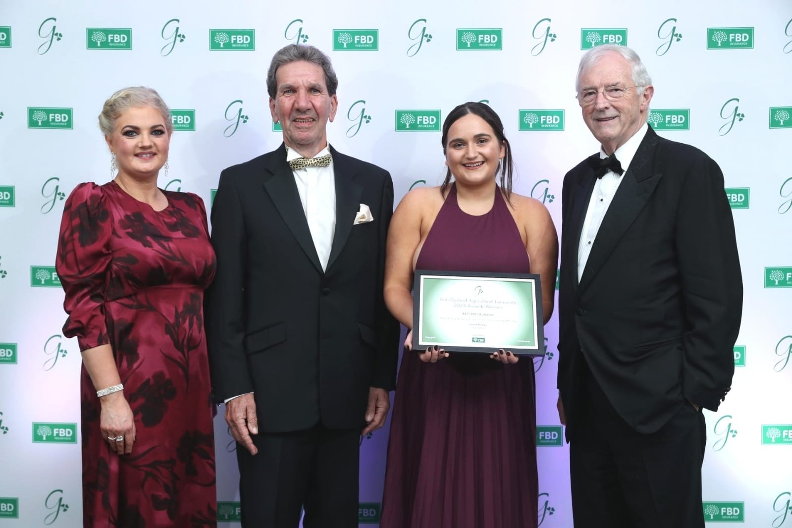 (L-R) Stella Meehan chair of the Guild of Agricultural Journalists, Tom McGuire chair of this year's judging panel, Louise Hickey Agriland journalist and Michael Berkery chair FBD Trust. Image: Finbarr O'Rourke