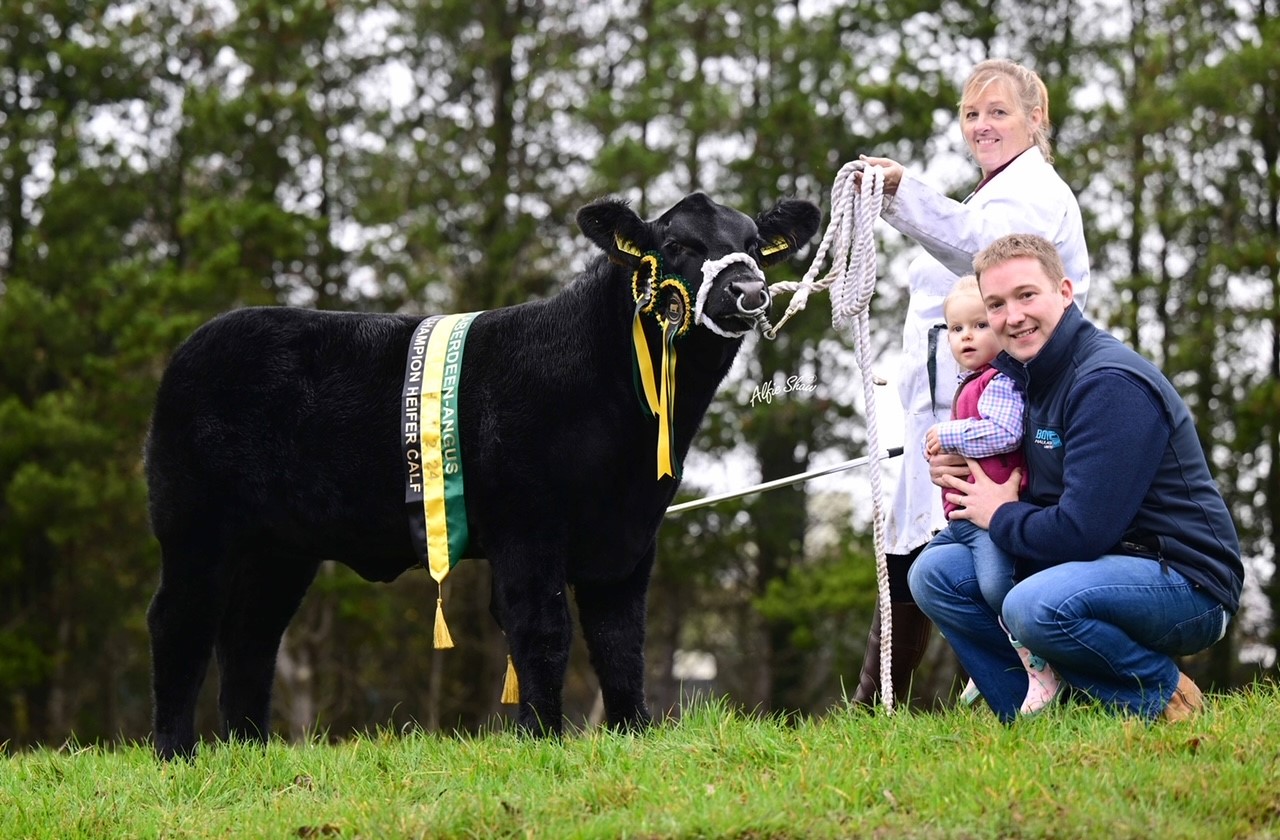 Heifer Calf Champion and Reserve Overall Champion was the Doyle family’s Drumhill Princess Chartreuse A023. L-R: Carol Rettie and sponsors Matthew and Hannah Boyd. Source: Alfie Shaw