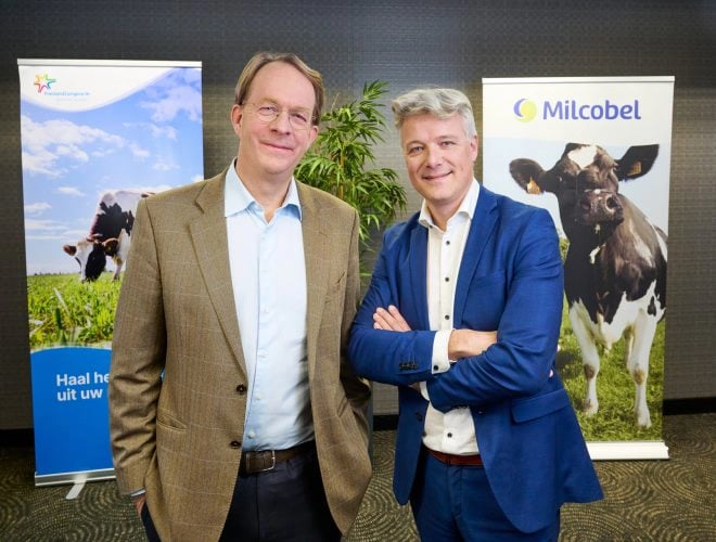 CEO of FriselandCampina, Jan Derck van Karnebeek with CEO of Milcobel, Peter Grugeon
