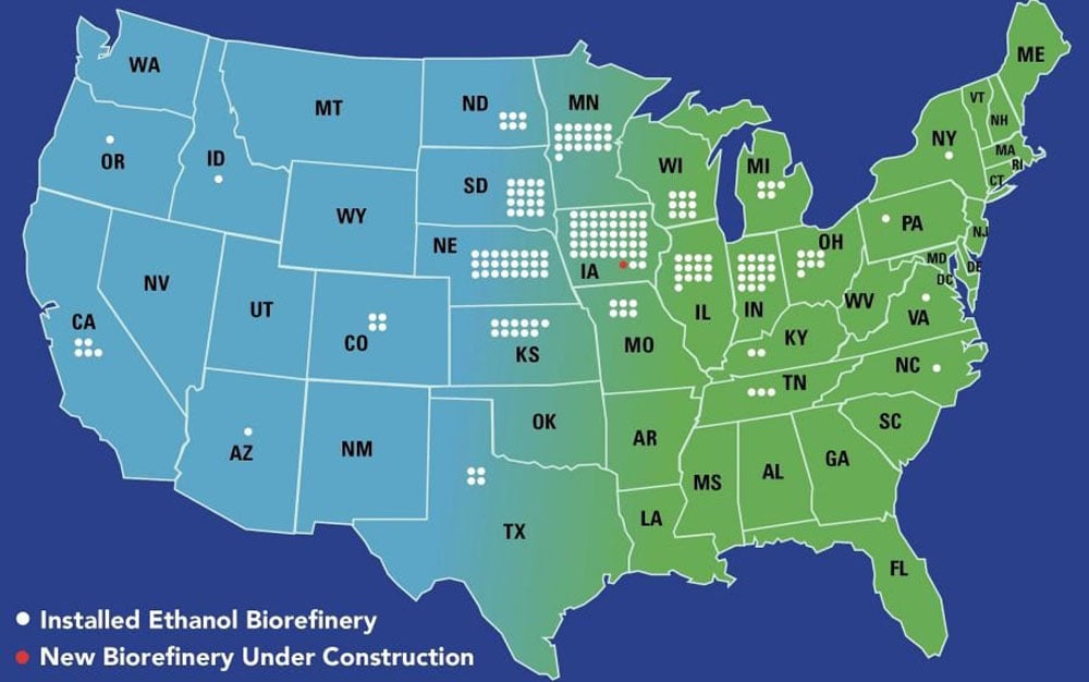 Distribution of ethanol refineries in the US as of 2023. Source: Renewable Fuels Association