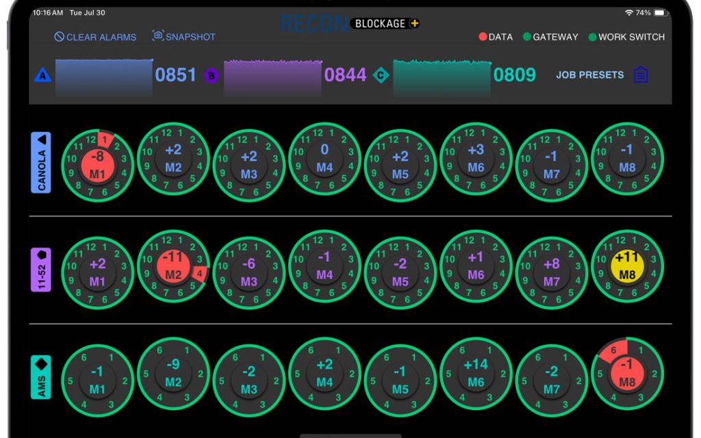 The ReconBlockage dashboard presents the operator with information on material flow within an air seeder/planter