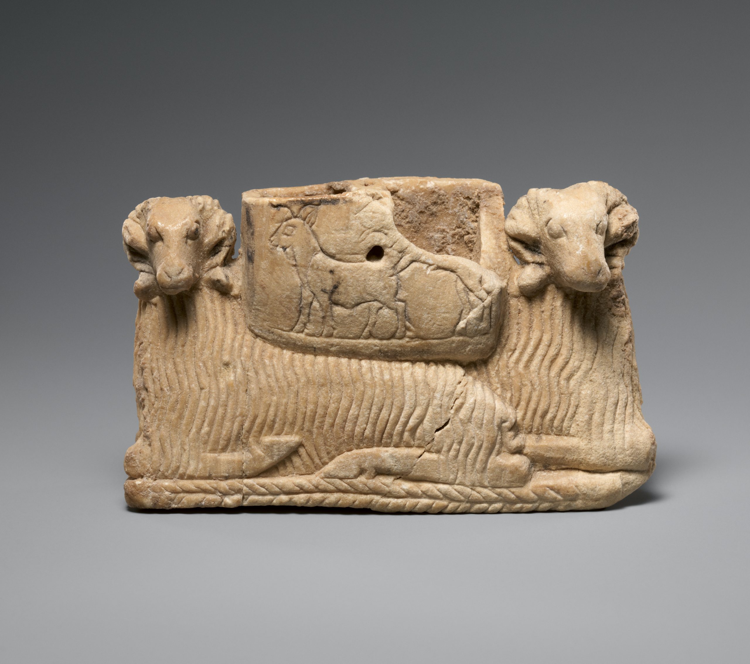 Vessel supported by two rams, 2600 to 2500 BCE. Gift of Norbert Shcimmel Trust 1989 open access Met Museum