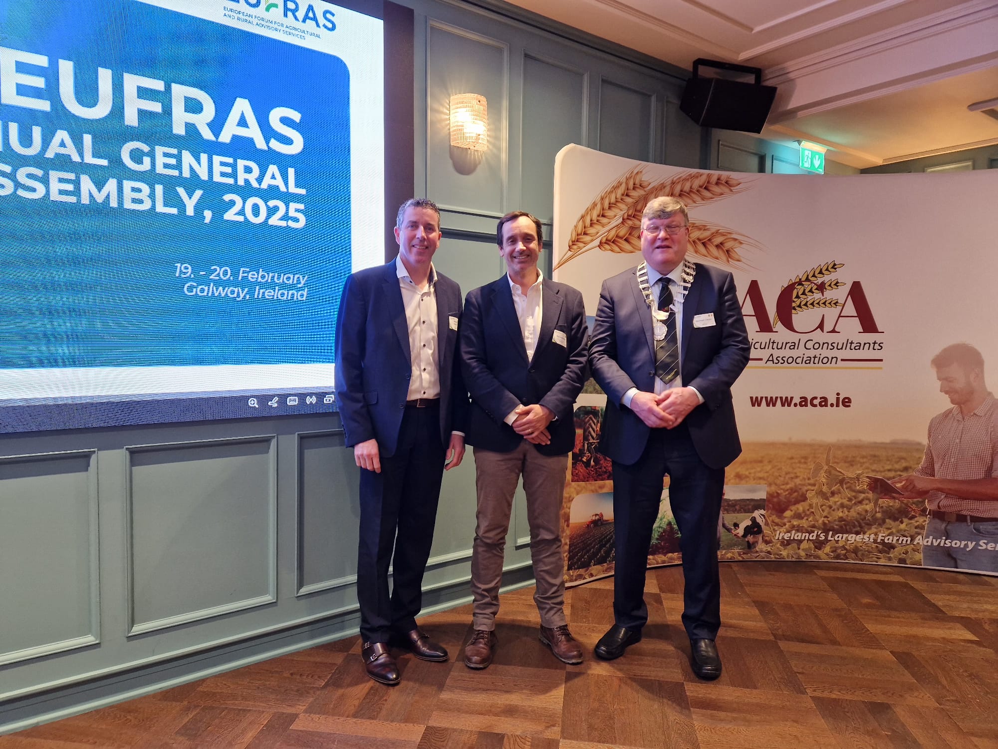 L-R: Breian Carroll, ACA general secretary; Rui Almeida, EUFRAS chair of board; Michael Ryan, ACA president at the EUFRAS Annual General Assembly 2025 at The Dean Hotel Galway