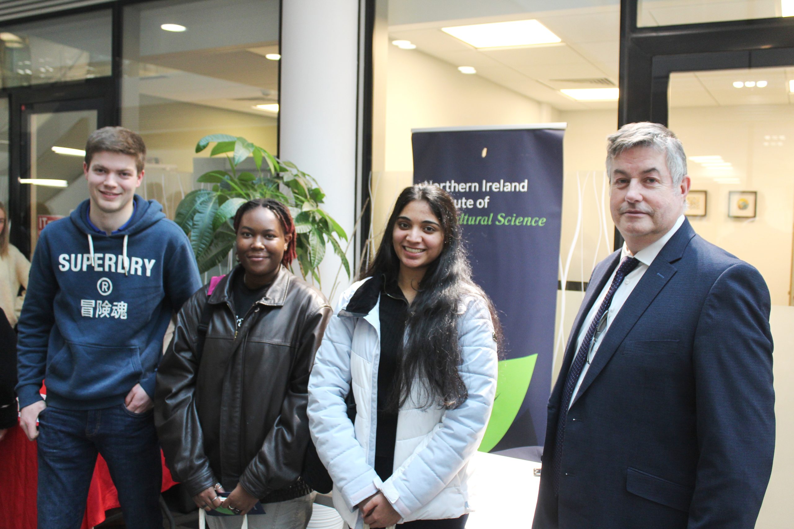 Chatting at the recent Agri, Food, and Life Sciences Careers Fair, hosted by Queen’s University Belfast (l-r): Mark Kissick, agricultural technology undergraduate, QUB; Vidhya Gummadovelli, biochemistry undergraduate, QUB; Lianne Mariare, biochemistry undergraduate QUB and George Moffett, Northern Ireland Institute of Agricultural Science