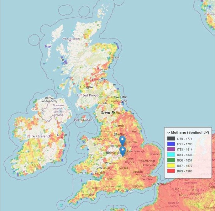 The digital twin displaying a heatmap of methane emission concentrations across the UK. Source: Loughborough University