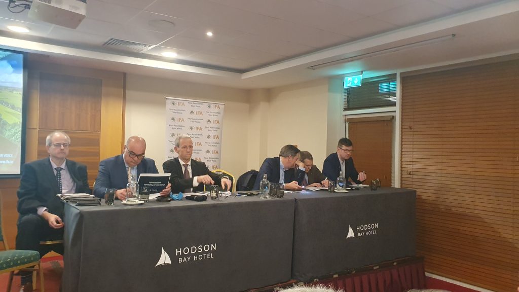 Representatives from DAFM and Teasgasc attended the IFA meeting at the Hodson Bay Hotel in Athlone including DAFM chief inspector Bill Callanan (second from left)