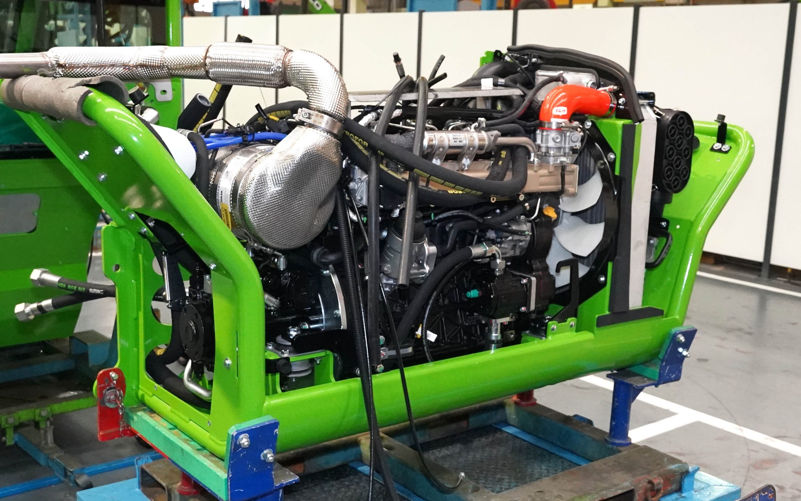 The engine is mounted in its own pod before being attached to the right hand side of the mainframe