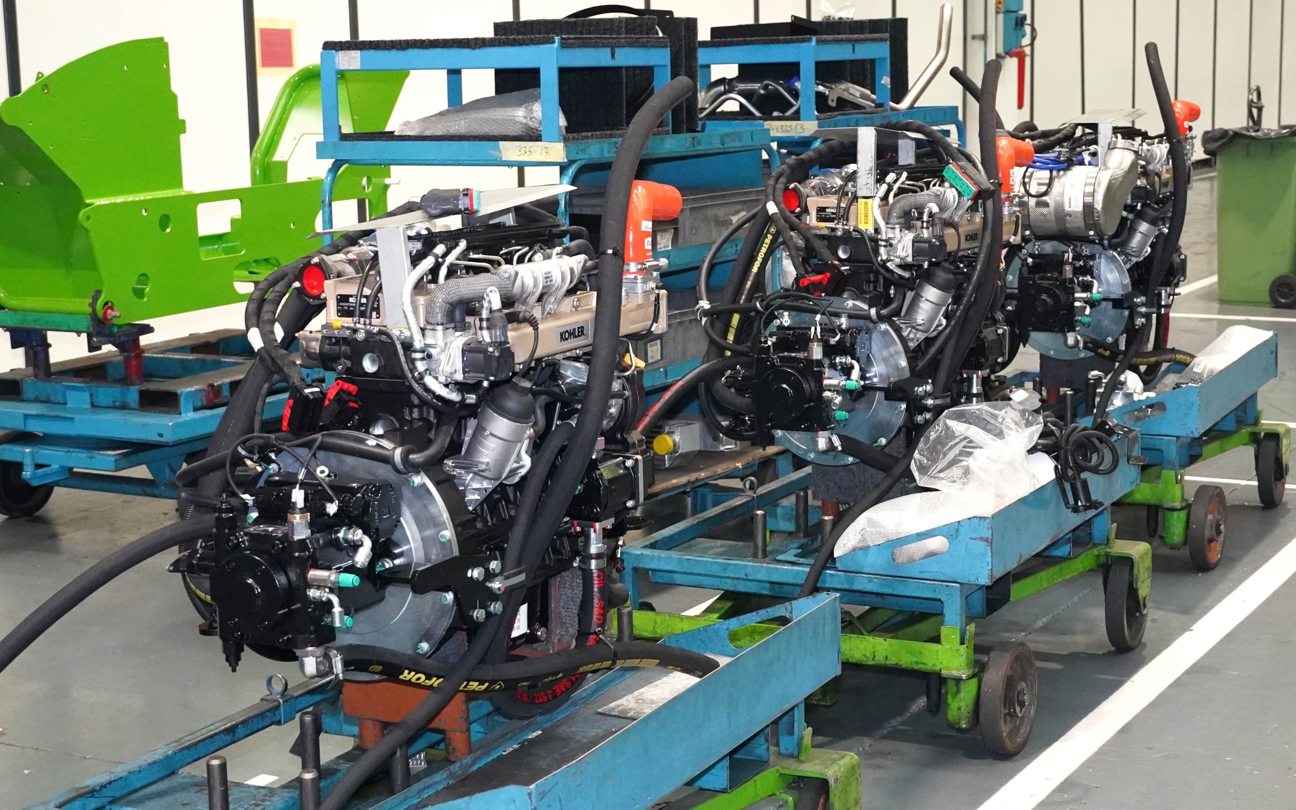 The in house hydrostatic transmissions are fitted on a separate line before being installed in the telehandler