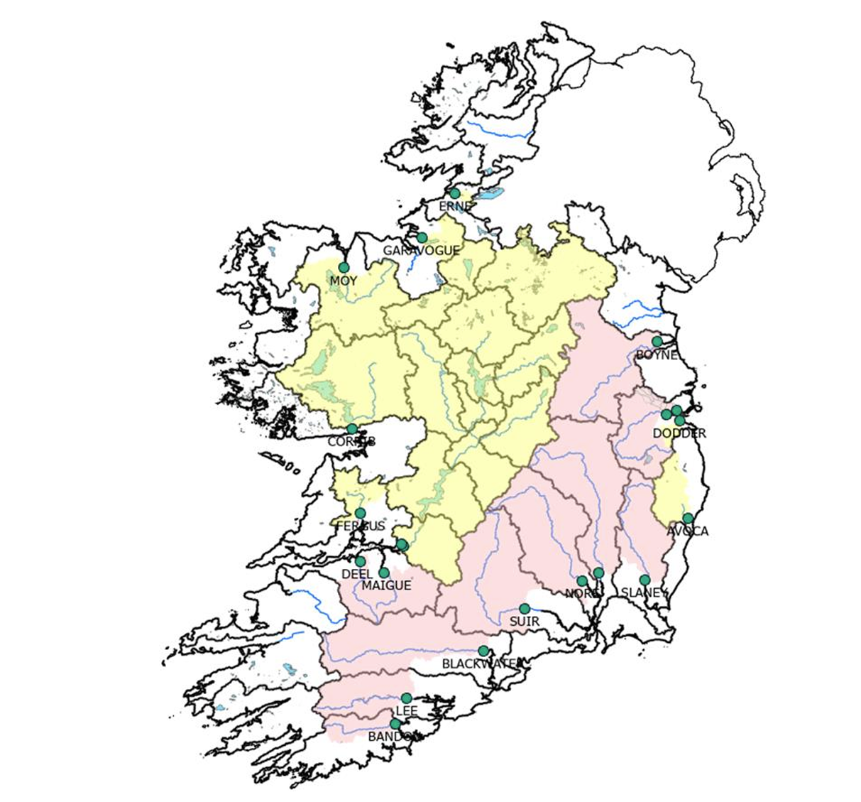 Location of the early insights nitrogen indicator monitoring stations and their contributing catchment areas. Source: EPA