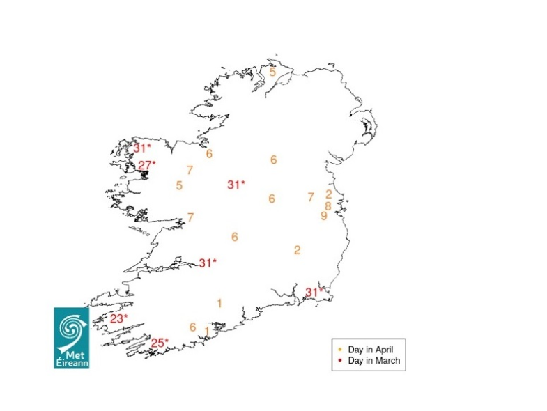 Estimated dates in March and April 2025 when peak&nbsp;nematodirus&nbsp;egg hatching is expected to occur on pasture Image: Met Éireann