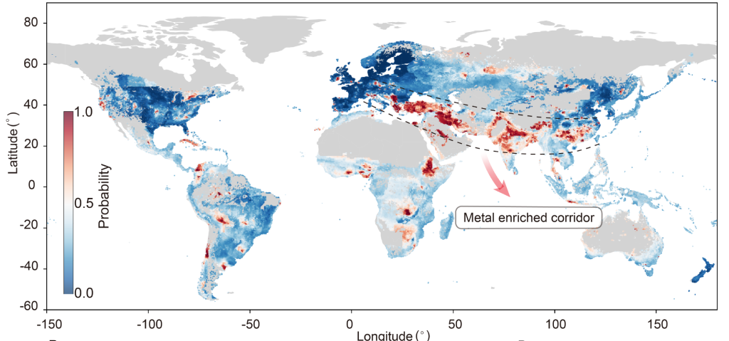 Global soil pollution by toxic metals exceeding agricultural thresholds. Aggregate distribution of exceedance of arsenic, cadmium, cobalt, chromium, copper, nickel, and lead; colour code shows the maximum probability of exceedance among the seven metals. Source: Hou et al. Sciencescience.org/doi/10.1126/science.adq6807