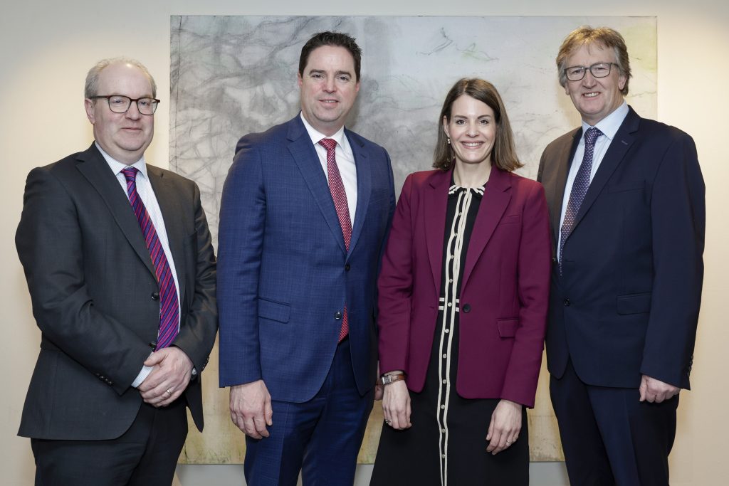 Tirlán met with Minister for Agriculture, Food and the Marine, Martin Heydon at Agriculture House, Dublin in March 2025. L-r: Seán Molloy, CEO Tirlán; Martin Heydon, Minister for Agriculture, Food and the Marine; Lisa Koep, chief ESG officer Tirlán; John Murphy, chairperson Tirlán.Image source: Conor Ó'Mearáin