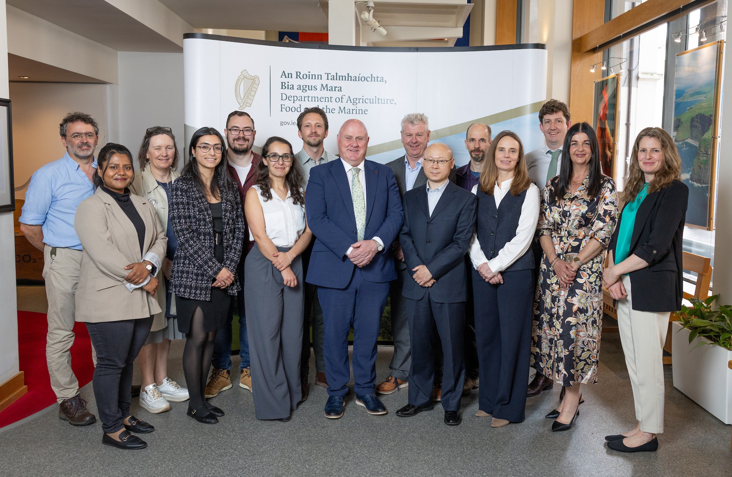 Recipients attending DAFM offices. Back row l-r: Dr Ian Short, Professor Fiona Doohan, Dr Gary Gillespie, Dr Samuel Browett, Professor Alan O'Riordan, Dr Achim Schmalenberger, Dr Ciaran Hearn. Front row l-r: Dr Mahjabin Siddique, Dr Tamíris Da Costa, Dr Adriana Cunha Neve, Minister of State Noel Grealish, Dr Yuansong Qiao, Dr Aine Macken-Walsh, Dr Laura Boyle, Dr Saorla Kavanagh.